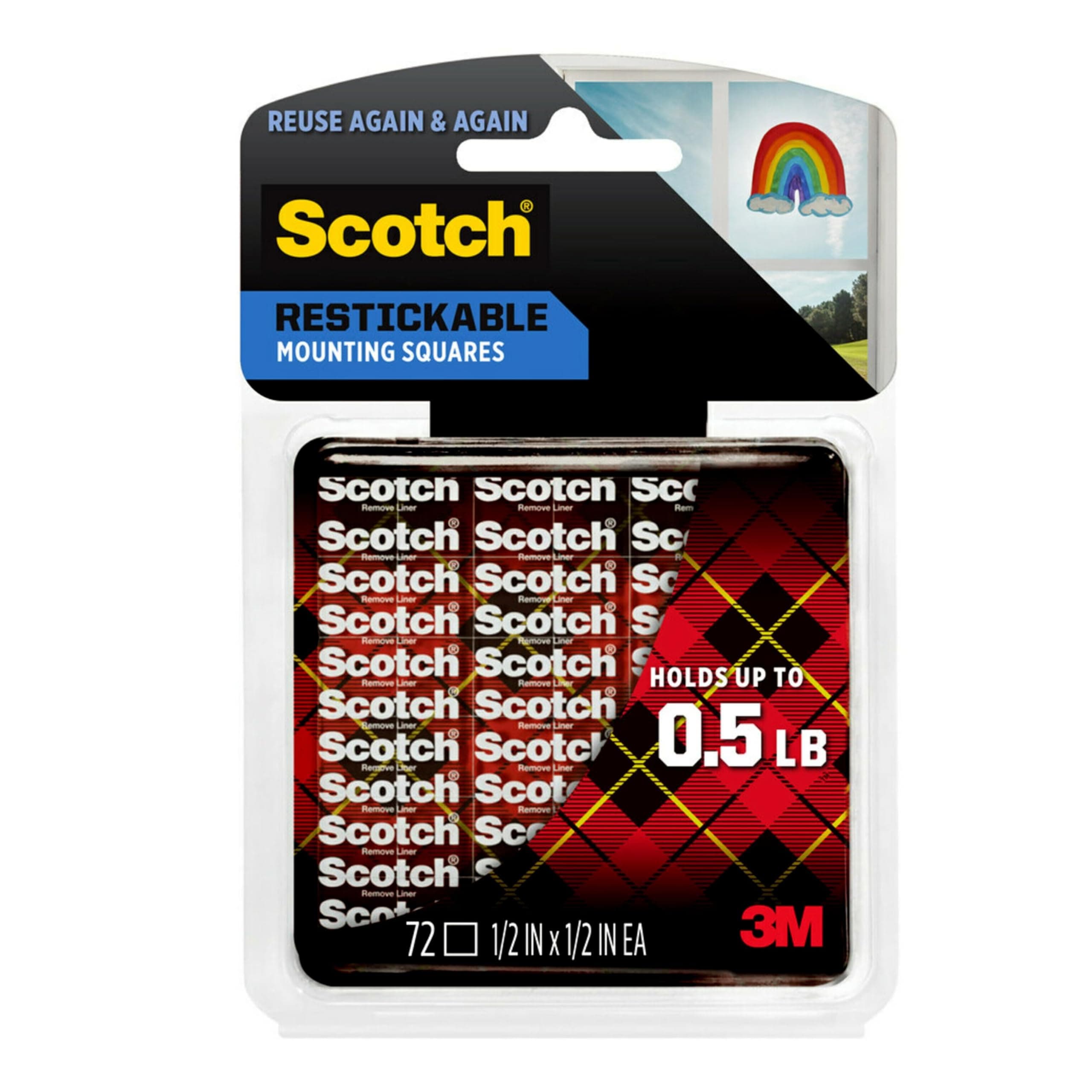 Scotch Restickable Squares, 0.5"x0.5", 72 Count, Clear Double-Sided Mounting Pre-Cut Squares, Remove Cleanly, Photo-Safe Adhesive, Mess-Free Application (R103)