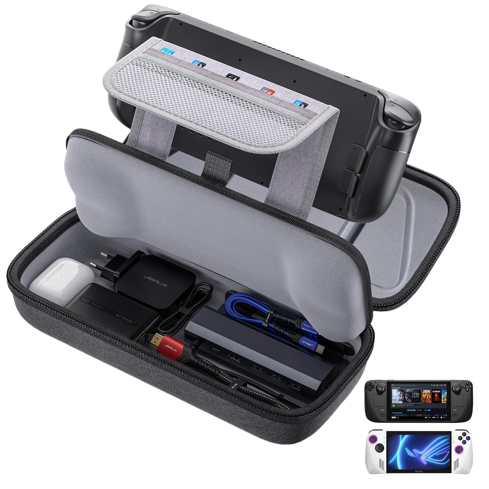 JSAUX Carrying Case Compatible with Steam Deck & ROG Ally, Protective Hard Shell Carry Case Built-in Charger & Docking Station Storage, Portable Travel Bag for Steam Deck OLED/ROG Ally X