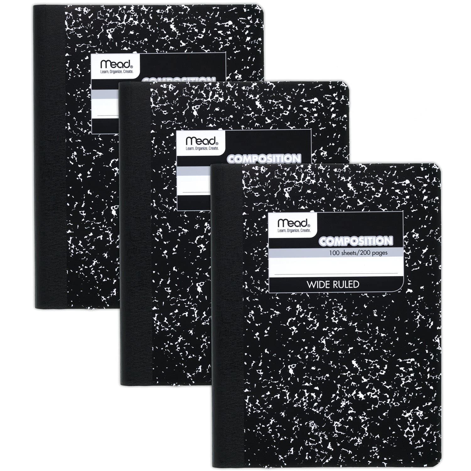 Composition Books/Notebooks, Wide Ruled, 100 Sheets, 9-3/4" x 7-1/2", 3 Pack (38301)