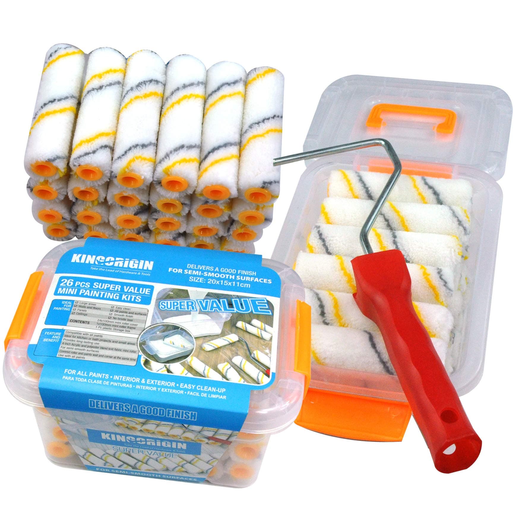 Kingorigin 26 Piece Painters Selected,Paint Roller Covers 4 inch Paint Brush Wall Paint Brushes 4 inch Mini Paint Roller Set Paint Bucket Tool kit Tool Box