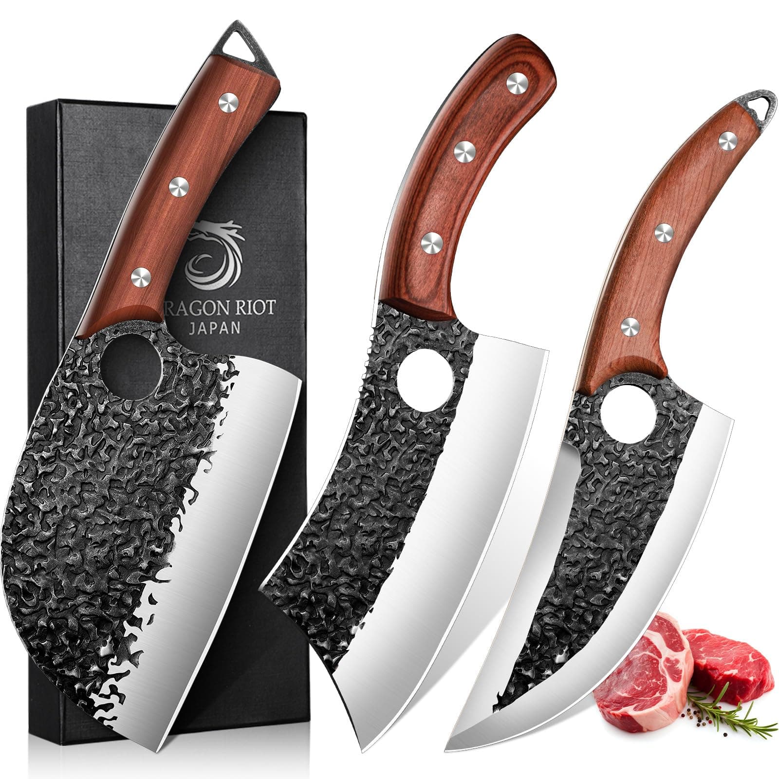 Professional Butcher Knife Set for Meat Processing, 3Pcs High Carbon Steel Hand Forged Serbian Cleaver Chef Knife Set with Ergonomic Handles for Kitchen Outdoor Cooking