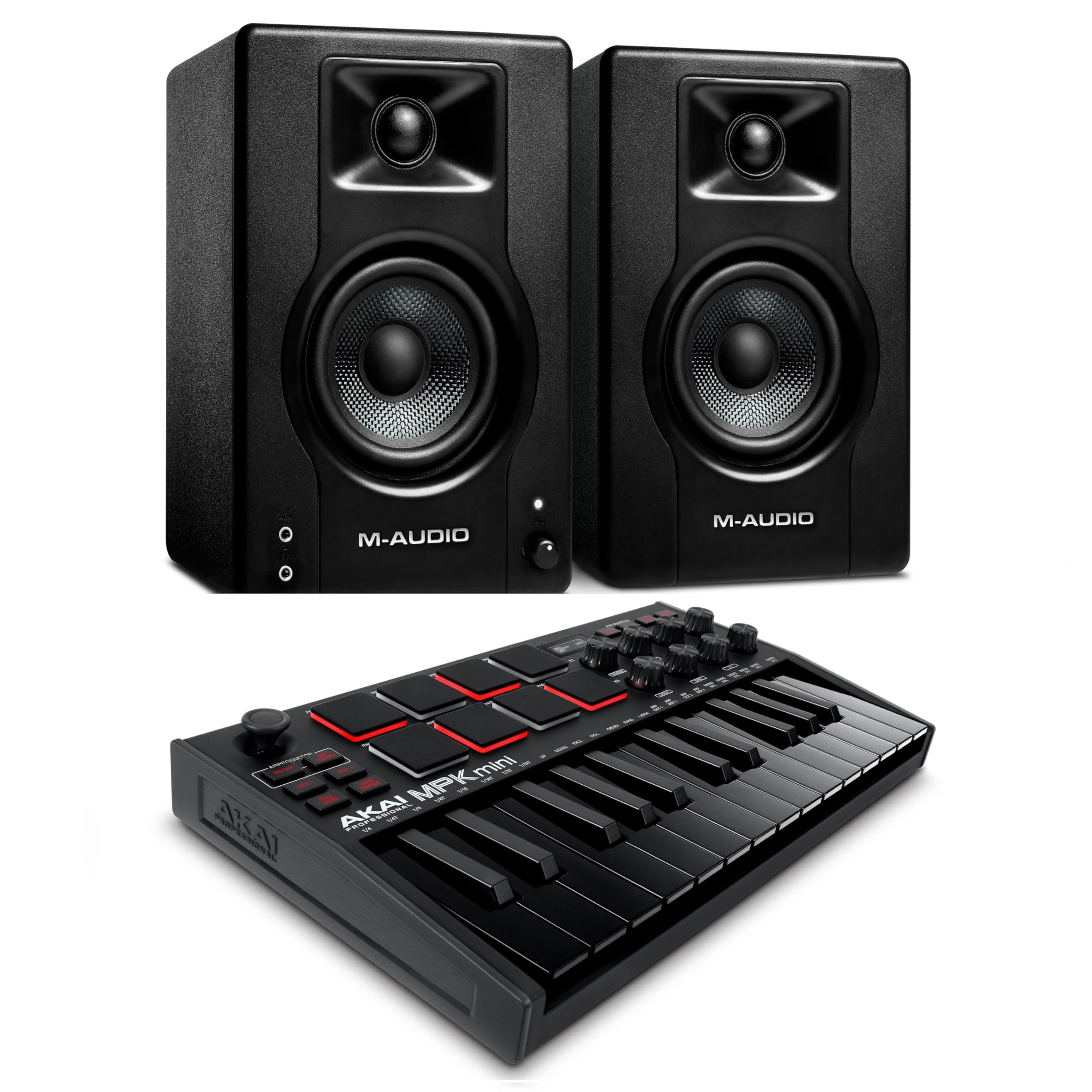 Recording Studio Package - Akai Professional MPK Mini MK3 USB MIDI Keyboard Controller and M-Audio BX3 3.5" 120W Speakers, with Production Software, black
