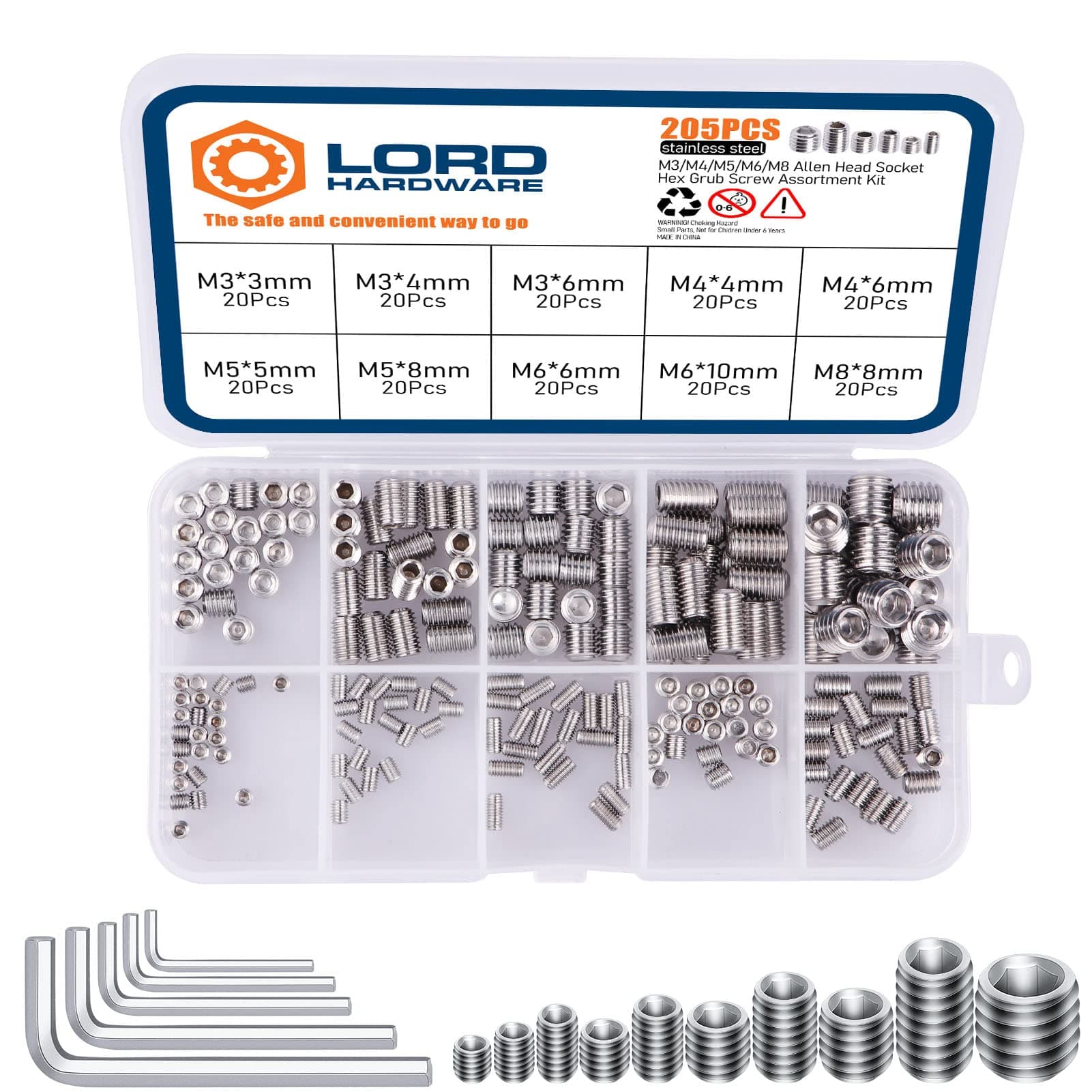 200Pcs M3 M4 M5 M6 M8 Hex Allen Head Socket Set Screw Bolts Assortment Kit 304 Stainless Steel Grub Screw