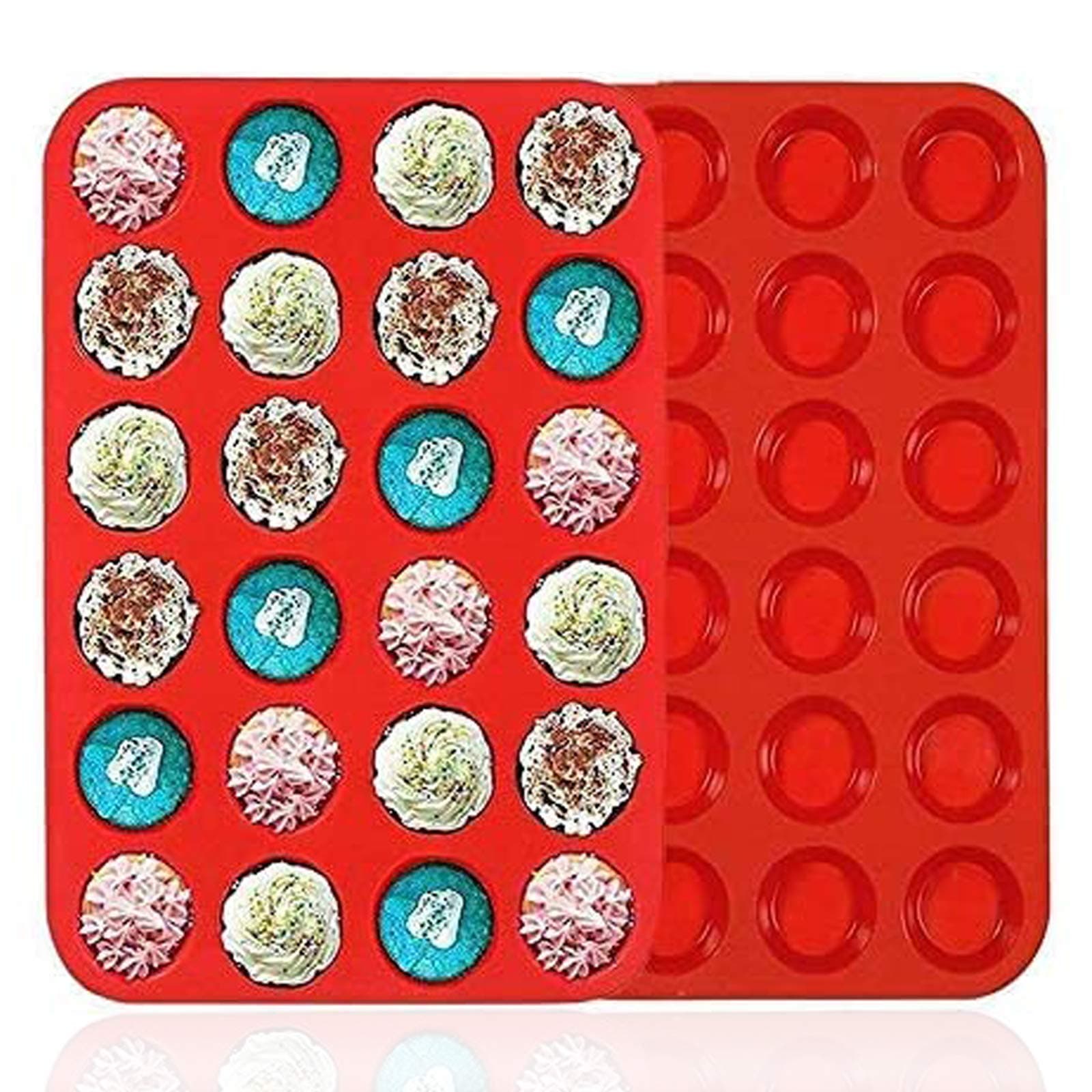 Premium Silicone Mini Muffin & Cupcake Baking Pan Large Non Stick 24 Cup Cookies Molds Bakeware Tin Soap Tray Mould by Meiso (Set of 2) (Red)