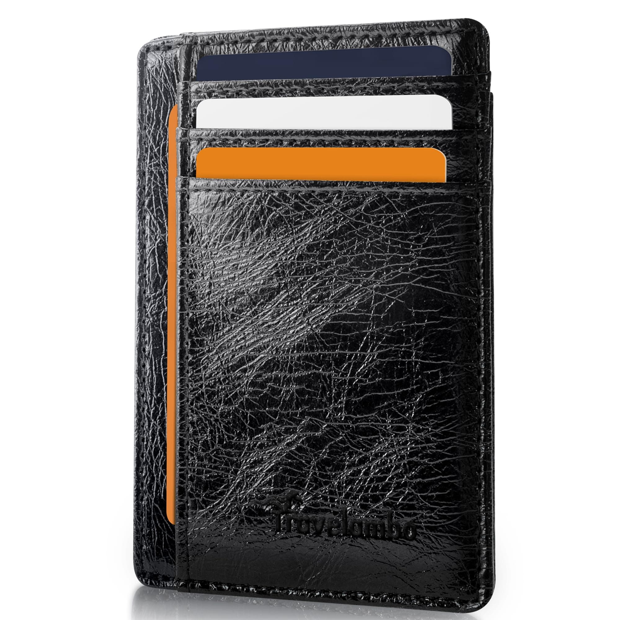 TravelamboSlim Wallet Front Pocket Minimalist Leather RFID Blocking Medium Size, Waxed Black, Minimalist