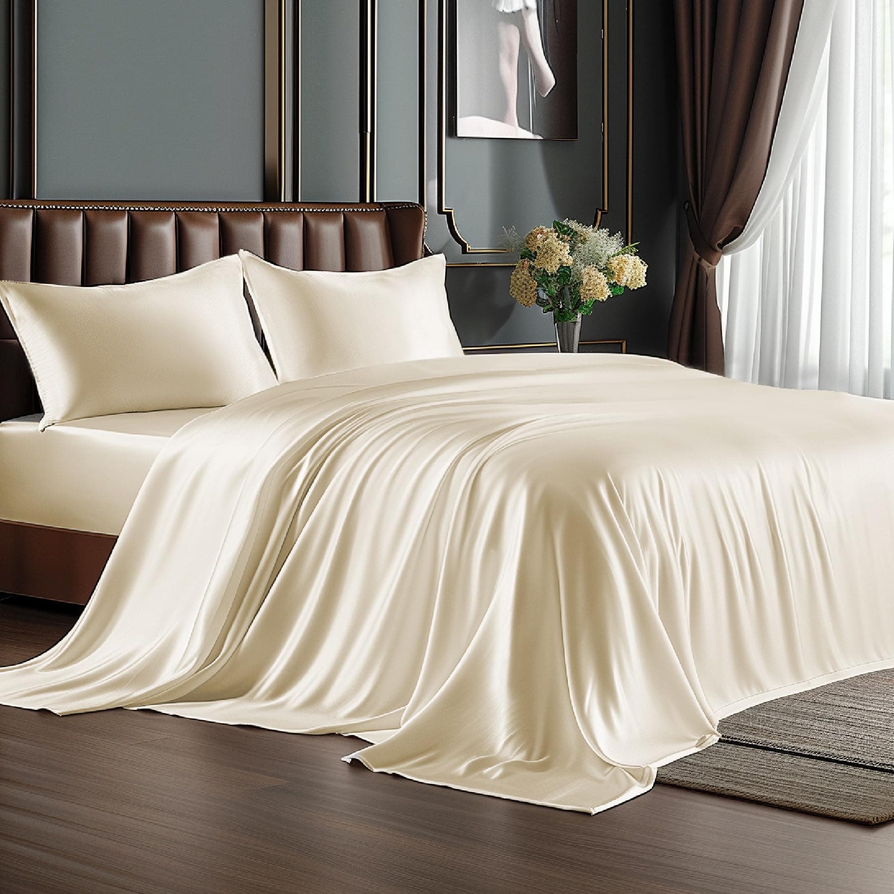 BEDELITE Satin Sheets Queen Size Bed Set, Luxury Soft Beige Silky Sheets for Hair and Skin, Similar to Silk Bed Sheets Set 4 Pieces （1 Deep Pocket Fitted Sheet, 1 Flat Sheet, and 2 Pillowcases）