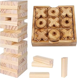 Glintoper Tic Tac Toe & Tumble Tower Blocks Tables Game Set, Classic Wood Stacking Game & XOXO Board Games for Kids Family, Living Room Rustic Coffee Table Decor, Travel Strategy Board Games