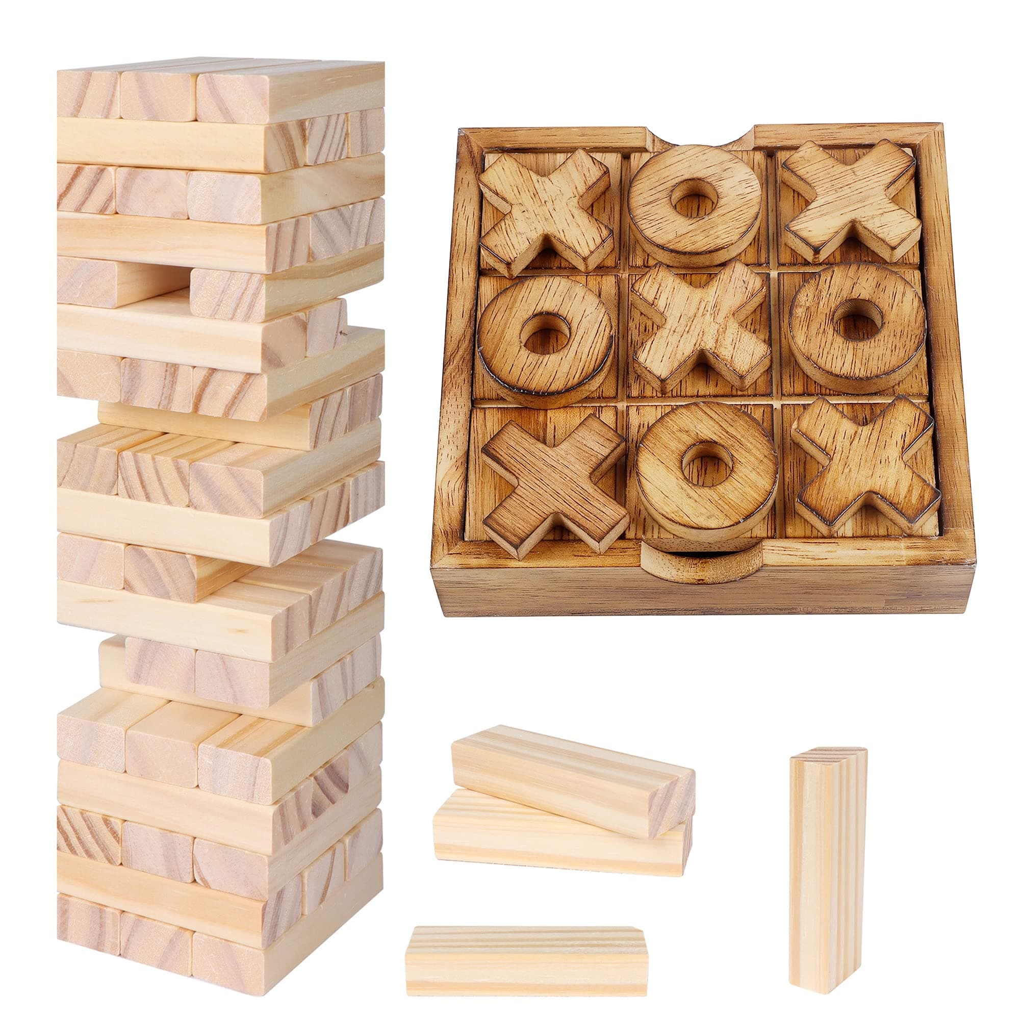 Glintoper Tic Tac Toe & Tumble Tower Blocks Tables Game Set, Classic Wood Stacking Game & XOXO Board Games for Kids Family, Living Room Rustic Coffee Table Decor, Travel Strategy Board Games