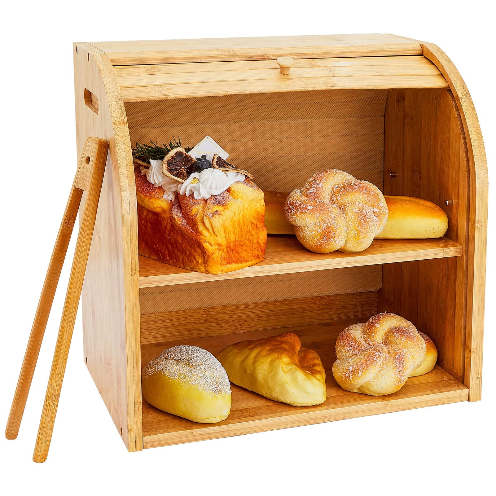 Zhenrui Bamboo Bread Box 2 Adjustable Layer Breadbox, Countertop Bread Storage Bin, Rolltop Breadbox with Toaster Tong, Farmhouse Style Bread Holder for Kitchen, Large Capacity Self-assembly