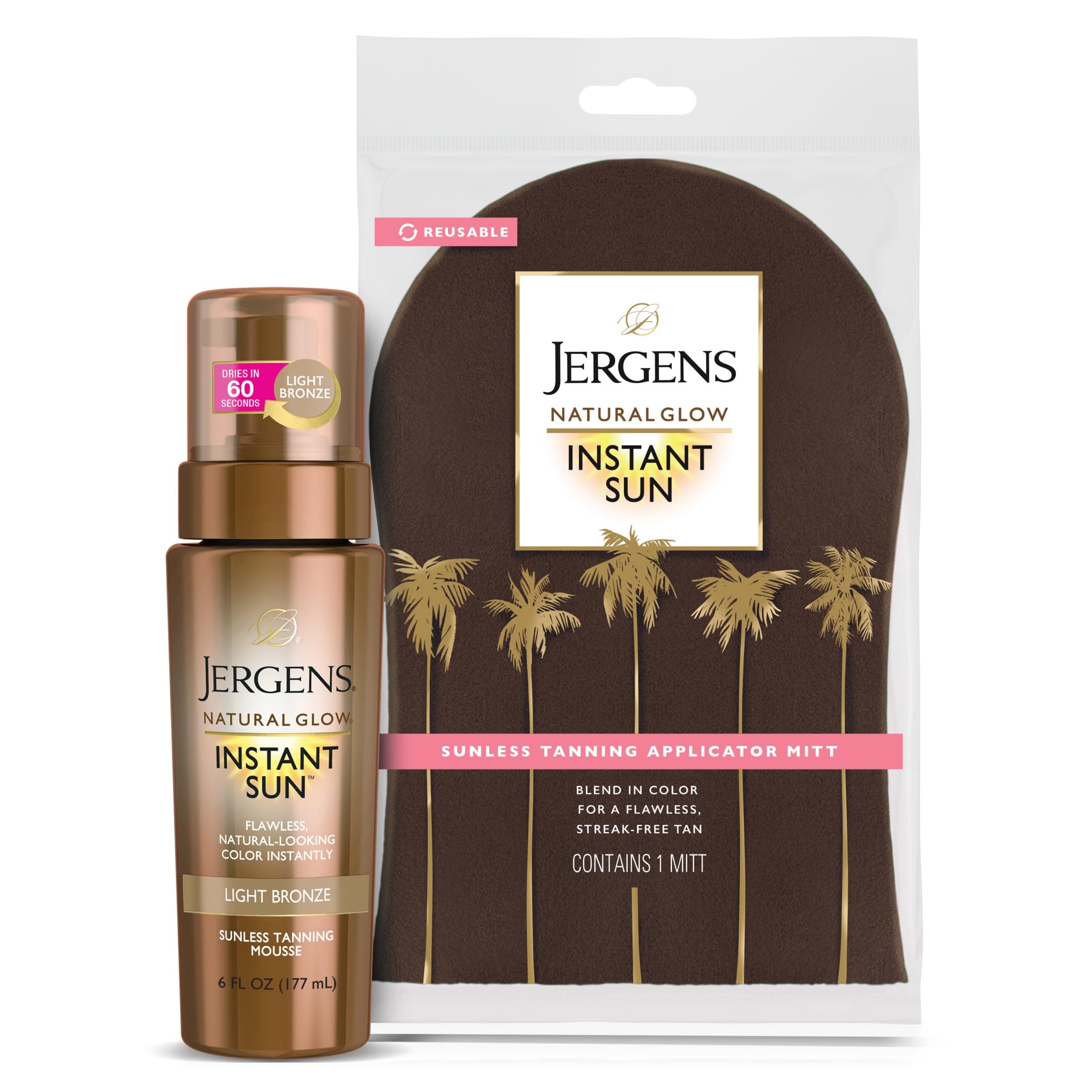 Jergens Natural Glow Instant Sun Bundle: Light Bronze Sunless Tanning Mousse, 6oz Bottle and Applicator Mitt
