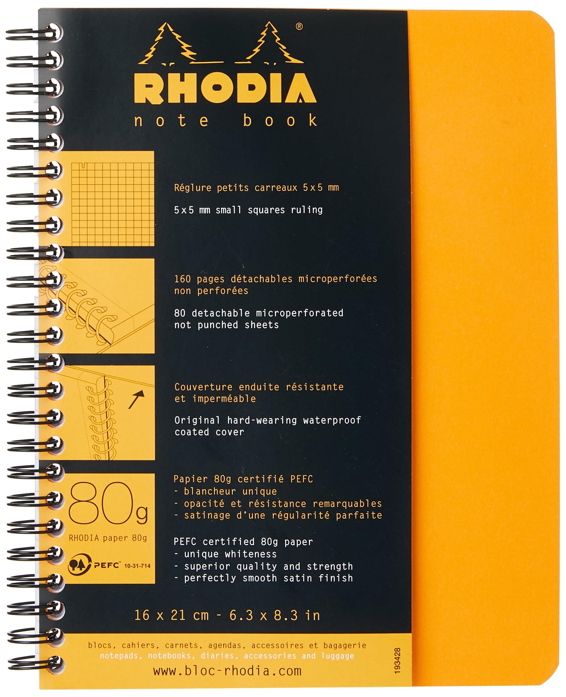 RHODIA 193428C - Spiral Notebook (Full Binding) Notebook Orange - A5+ - Small Squares - 160 Detachable Pages - White Clairefontaine Paper 80 g/m - Soft and Resistant Cover - Classic