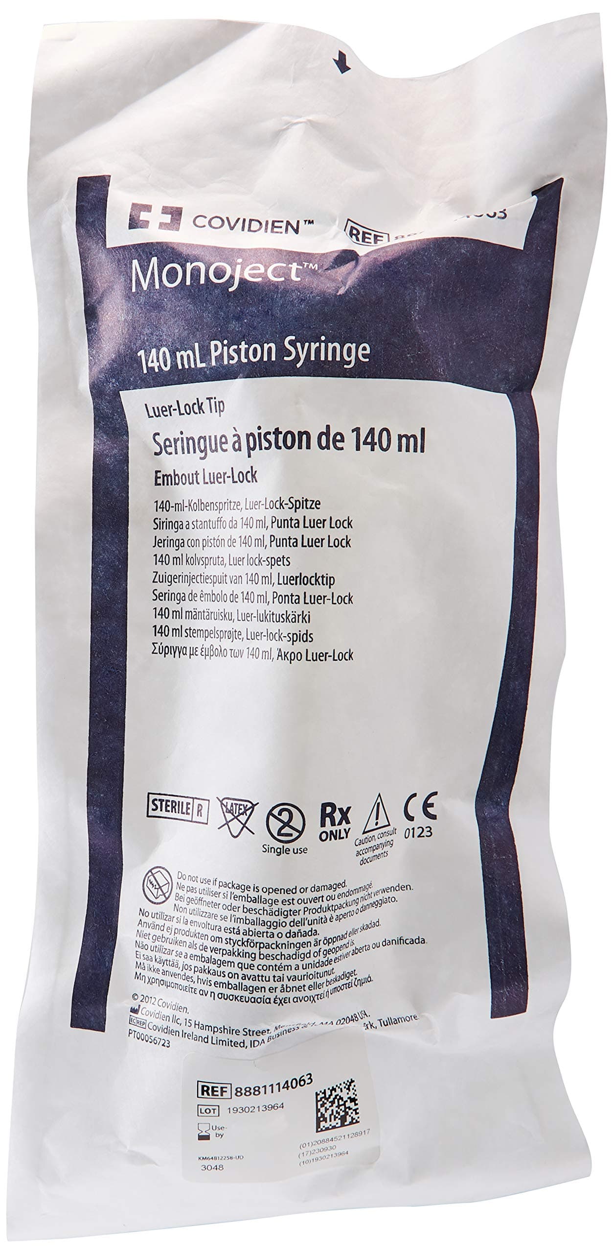 Med-Plus 8881114063 Monoject Piston Syringe, Sterile, Luer-Lock Tip, 140 mL (Pack of 20)