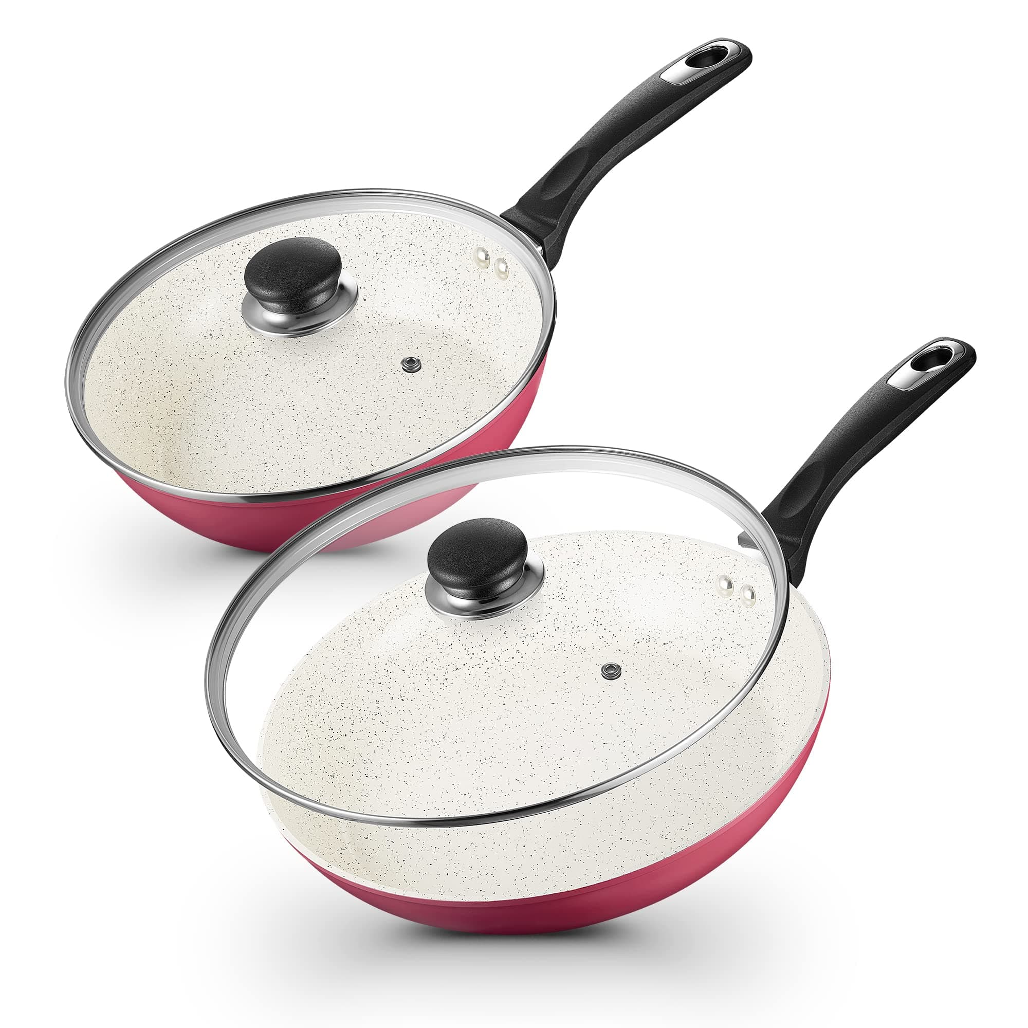 KOCH SYSTEME CS 10"+11" Pink Nonstick Pan Set with Lids, Aluminum Frying Pan Sets with Ceramic White Coating, 100% APEO & PFOA Free, Cookware Sets With Ergonomic Handle, Compatible for all Stoves