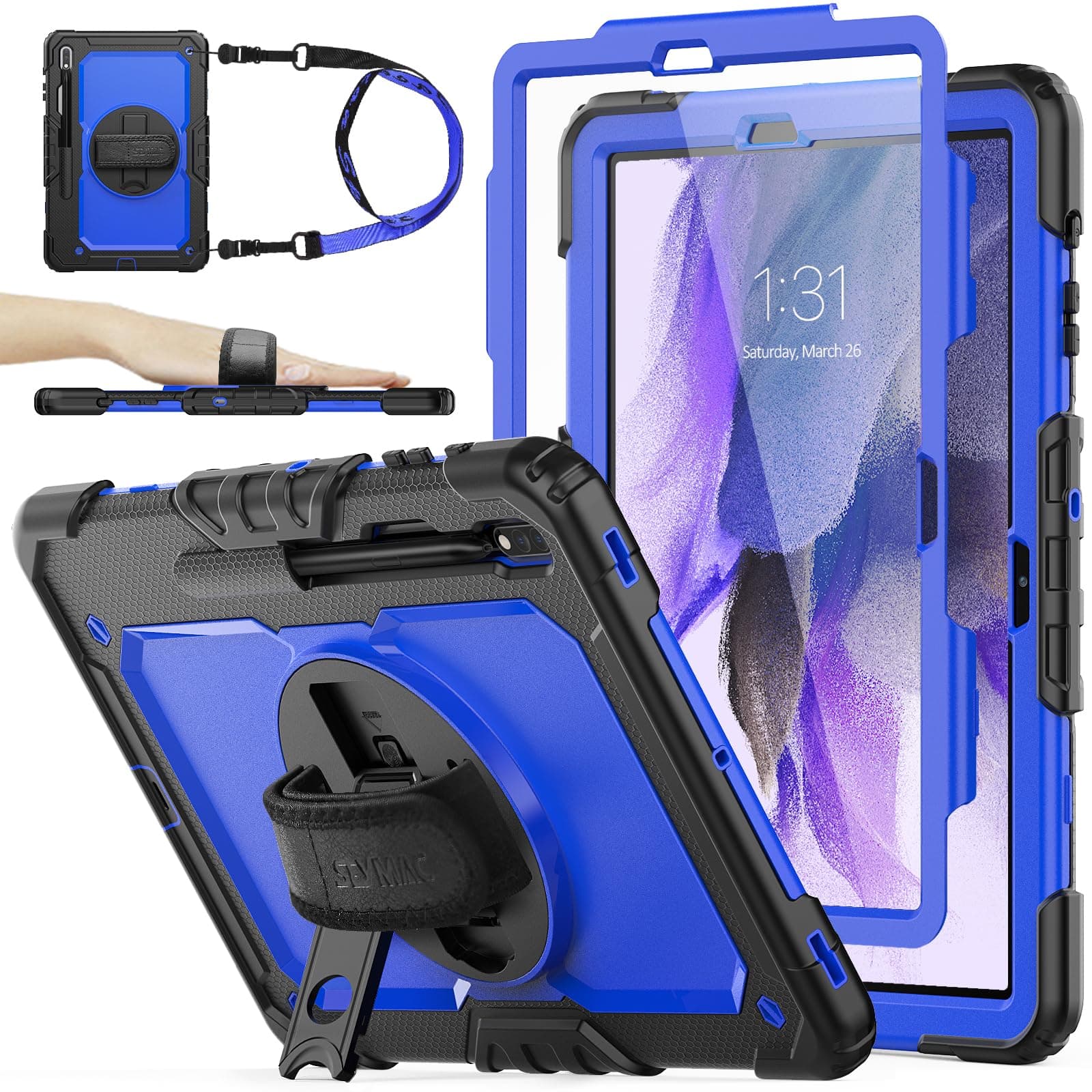 Case for Samsung Galaxy Tab S7 FE / S8 Plus 5G Case 12.4'' with Screen Protector Pencil Holder [360 Rotating Hand Strap] &Stand, Drop-Proof, Blue/Black