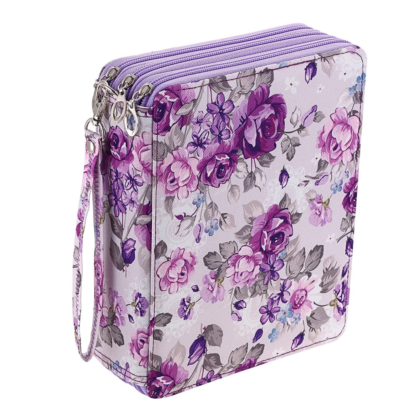 BTSKYColored Pencil Case- 120 Slots Pencil Holder Pen Bag Large Capacity Pencil Organizer with Handle Strap Handy Colored Pencil Box with Printing Pattern (Purple Flower)