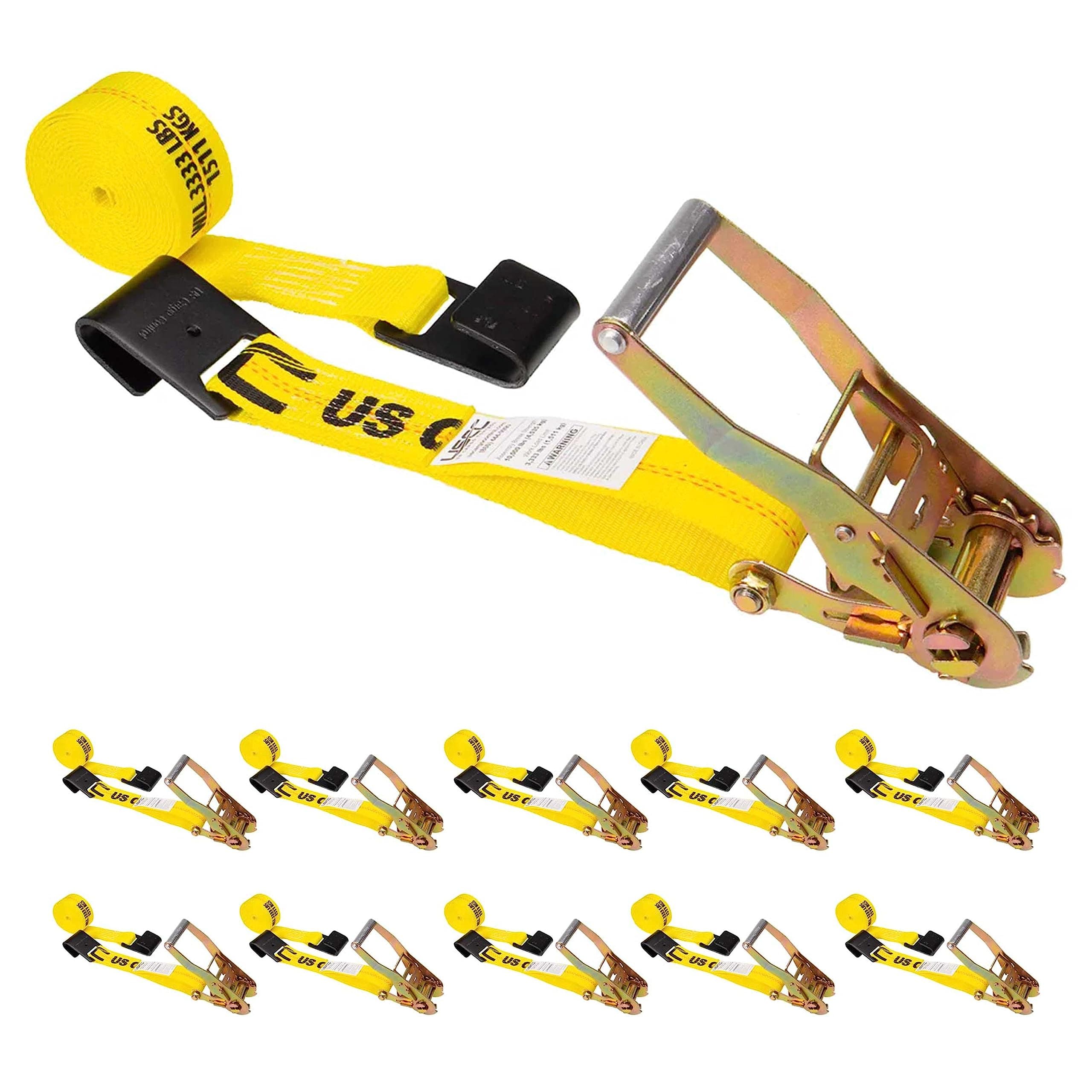 US Cargo ControlFlat Hook Ratchet Straps (10-Pack), 2 Inch x 27 Foot, Yellow Heavy Duty Ratchet Straps with Black Flat Hooks, 3,333 lbs. Working Load Limit, Tie Down Straps for Flatbed Trailer