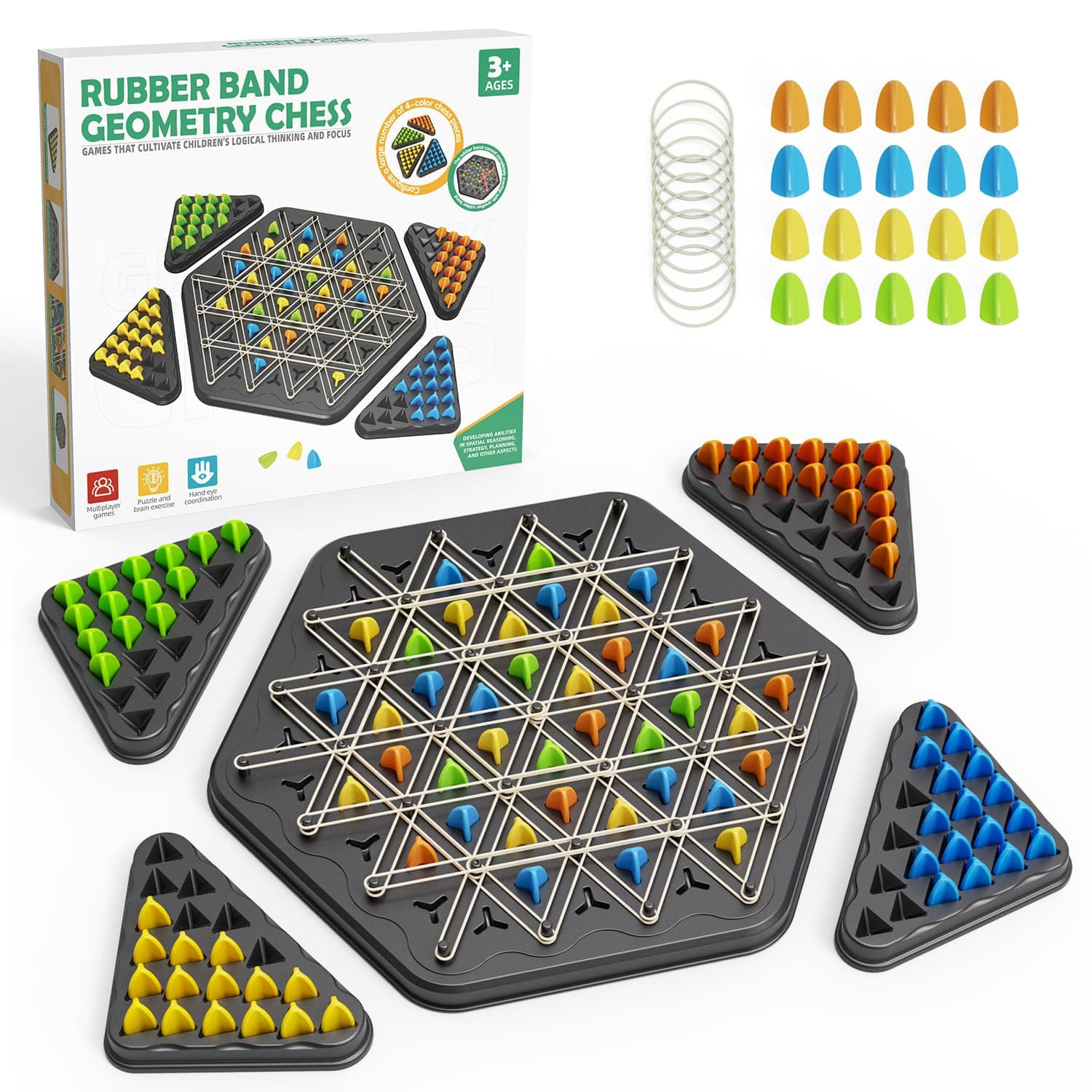Chain Triangle Chess Game, Strategy Board Games for Kid 6-8-12, Chess Board Games for Adults, Family Games for Kids Adults, Triangle Rubber Band Game, 2 to 4 Players, Kids Christmas Birthday Gifts