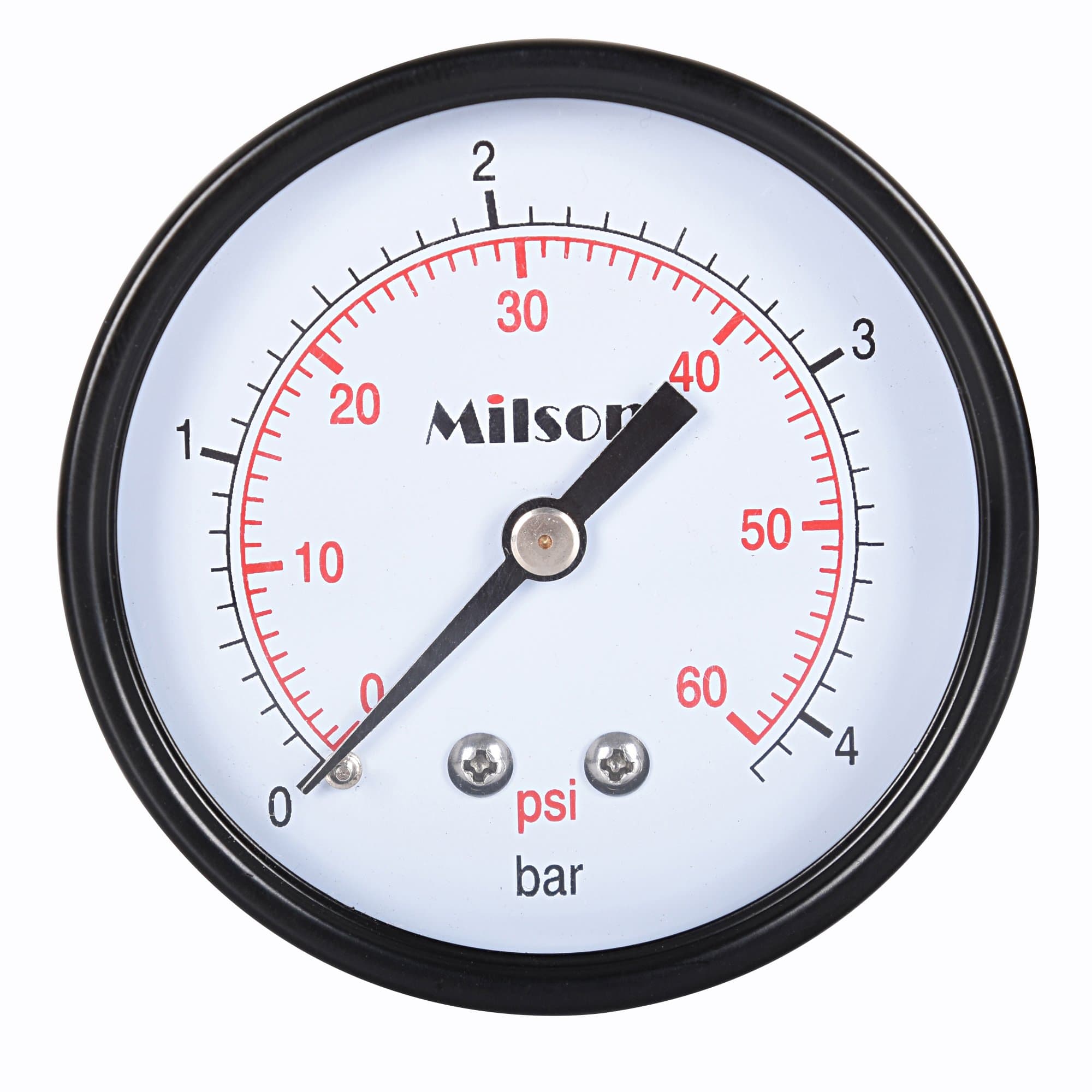 Milson Pressure Gauge, 2.5" Black Steel Case, Back Mount, 1/4"NPT, 0+60 Psi/Bar, Accuracy: +/-2.0, Brass Internal, Multiple Function