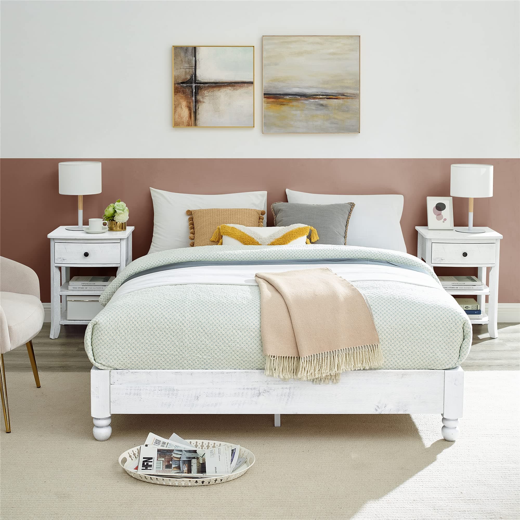 MUSEHOMEINC Solid Wood Platform Bed Frame Rustic Style,Mattress Foundation(no boxspring Needed), White Washed Finish,Queen