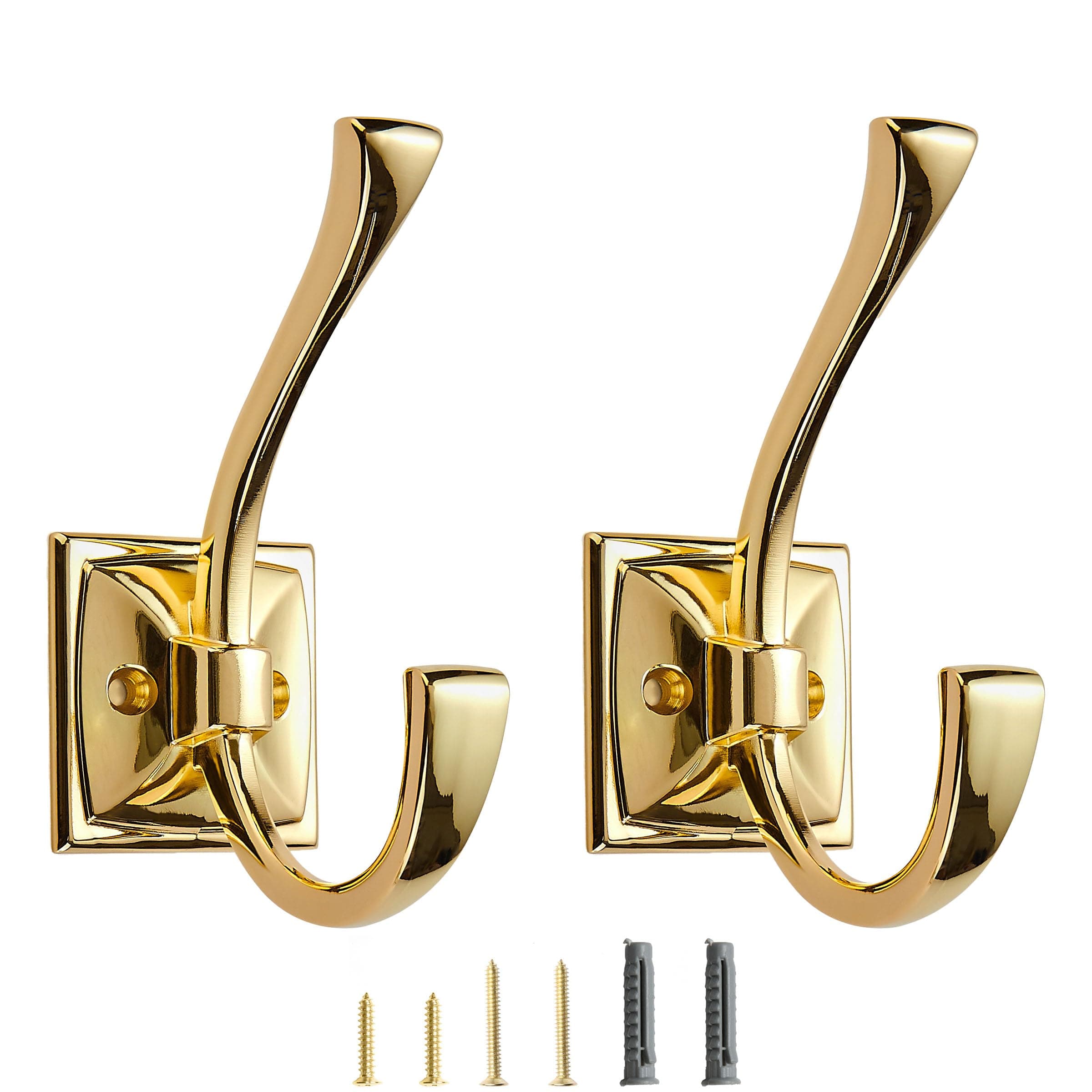 2 Pack Decorative Heavy Duty Towel Hooks for Hanging Robe Double Polished Brass Coat Hooks Wall Mounted with Screws for Key, Towel, Bags, Cup, Hat