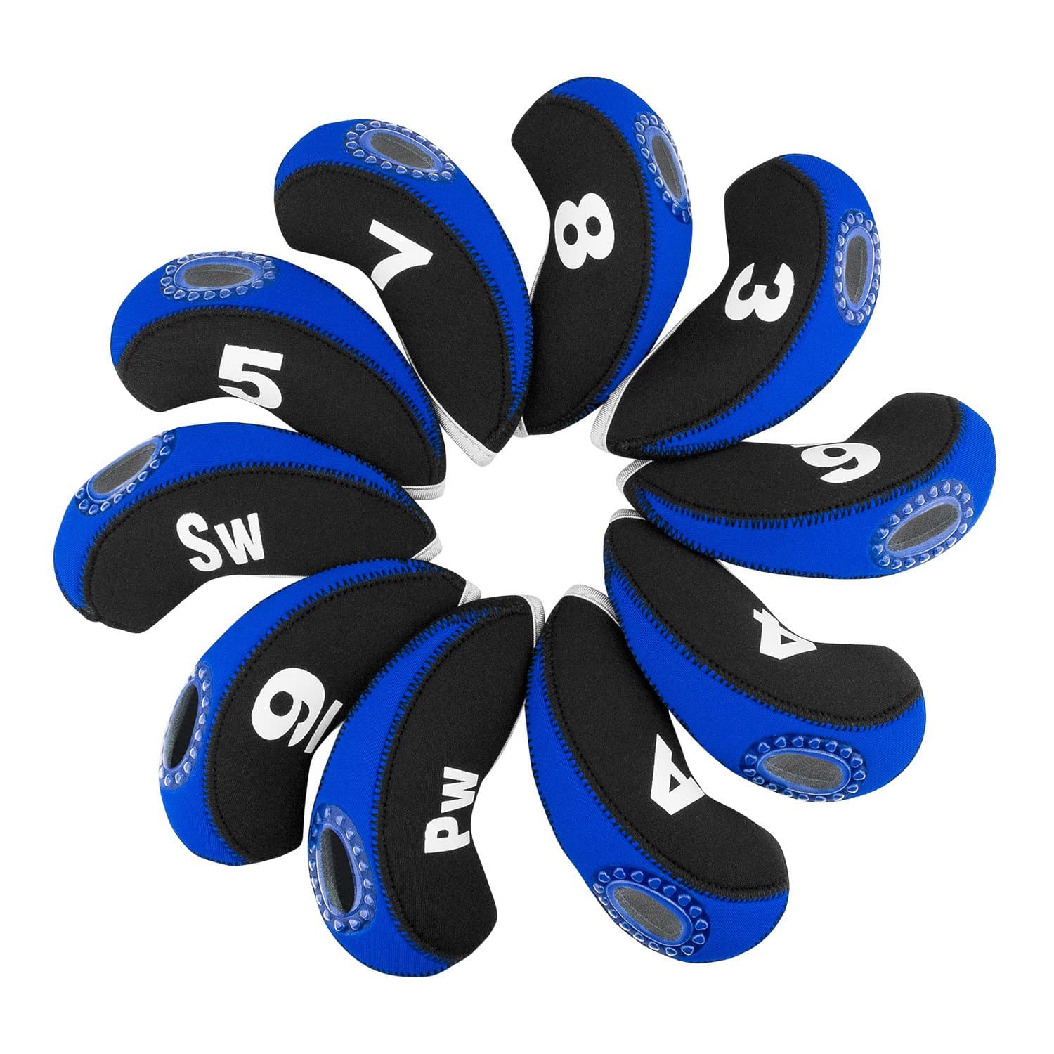 10pcs/set Golf Iron Head Covers 3-9 A/SW/PW Elastic Neoprene Material with Number Tag Protect Case for Irons (Blue)