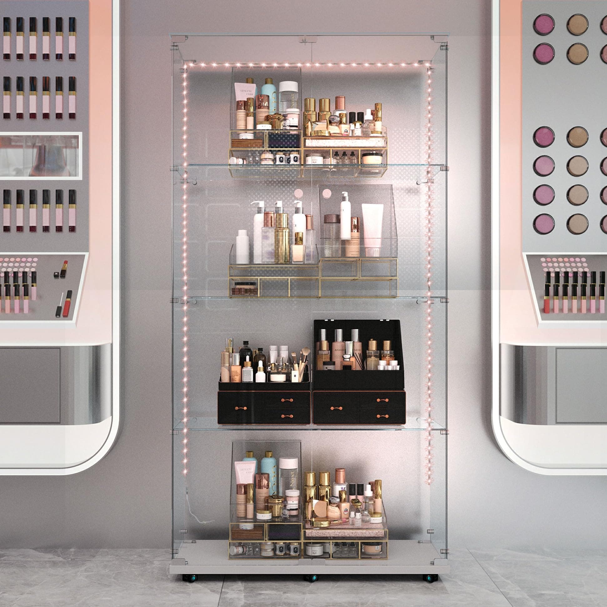 Modern Glass Display Cabinet 4-Shelf with LED Light, Lock and Wheels, 2 Door Curio Cabinets, Tempered Glass Collection Display Showcase for Living Room Home Office,30.9x13.5x65 H,White