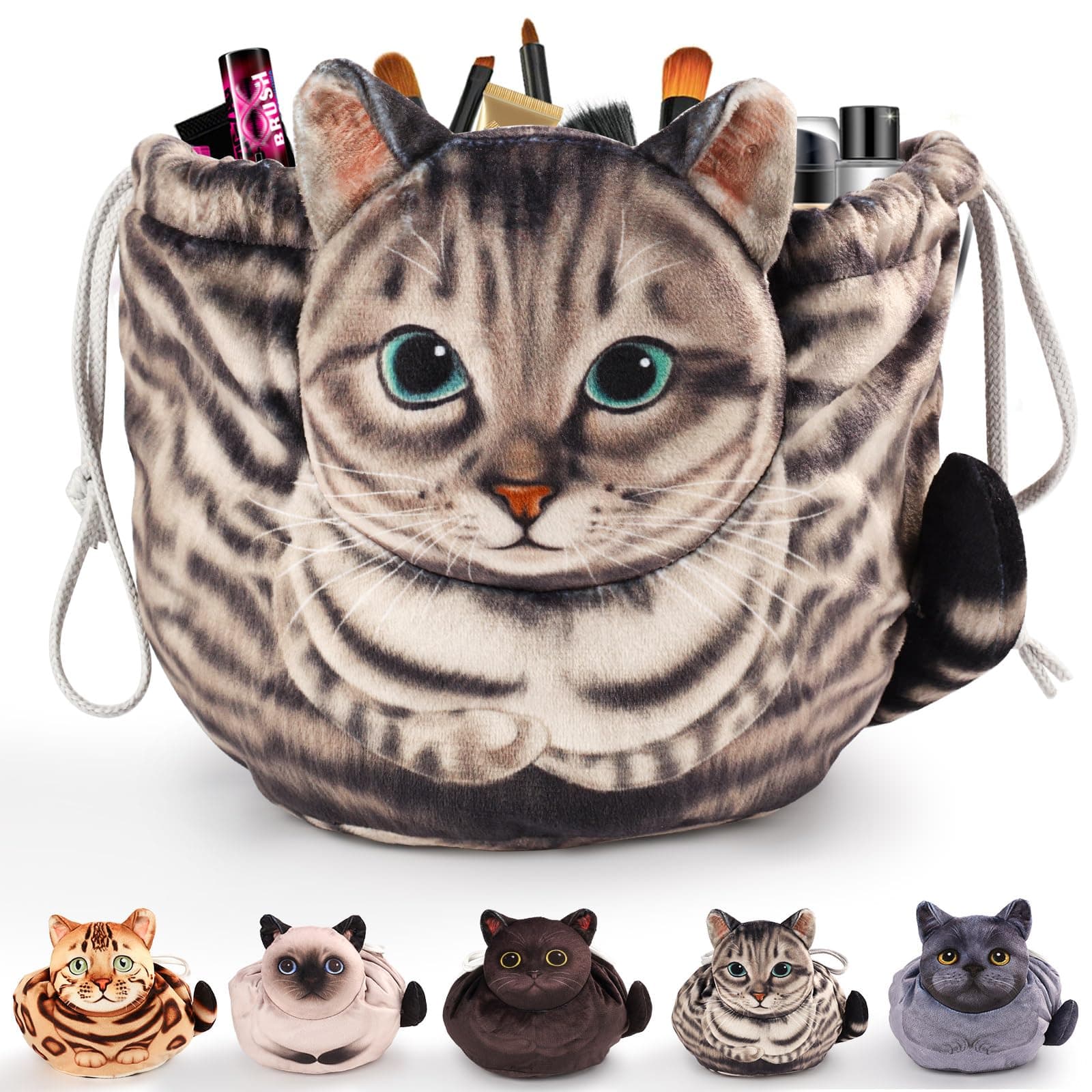 Cat Drawstring Makeup Bag,Flat Lay Make Up Bag,Portable Travel Cosmetic Bag Storage Organiser,Bag for Purse,Cat Gifts for Women/Girls/Cat Lovers