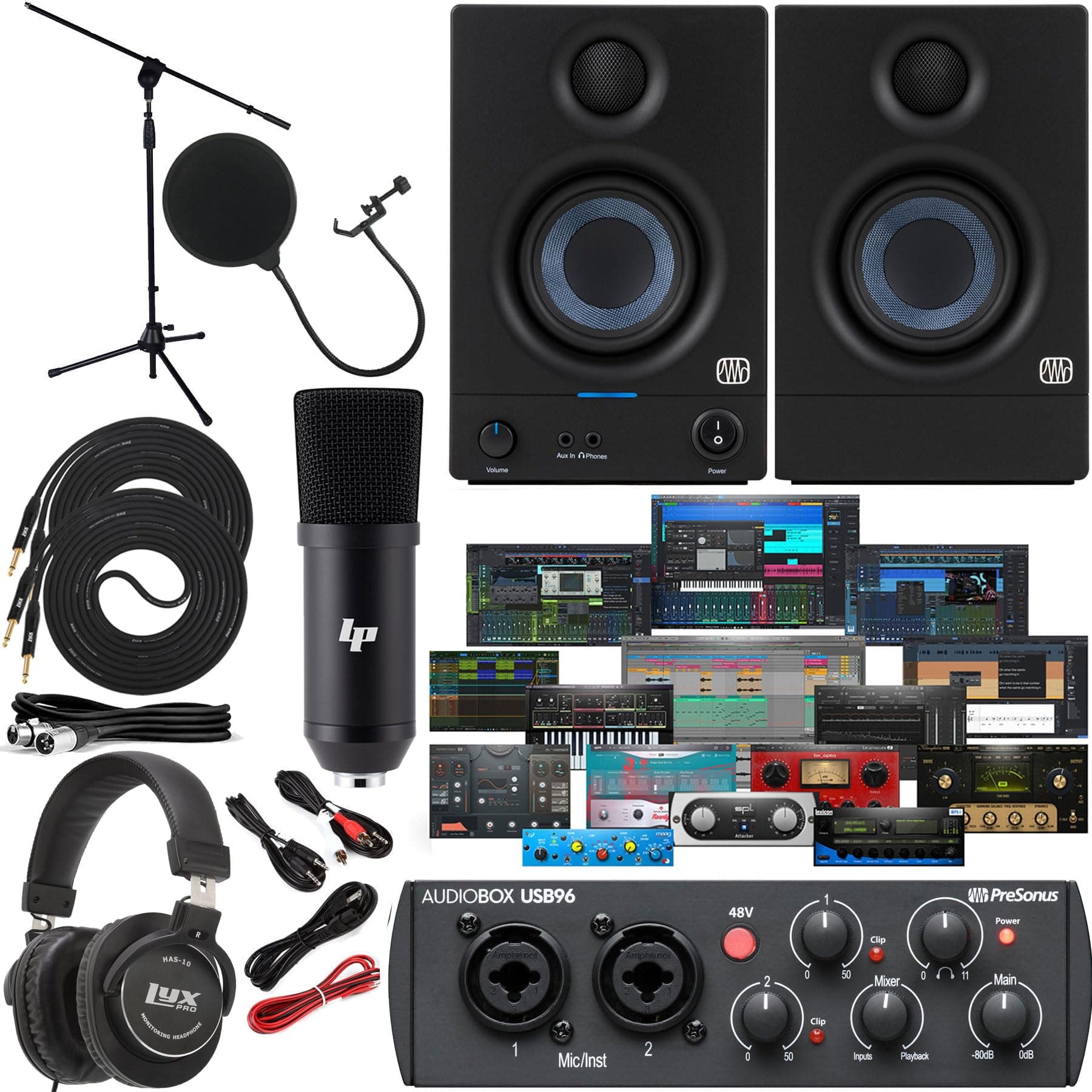 PreSonus AudioBox 96 Audio Interface Studio Bundle with Eris 3.5 Monitors, Studio One Artist Software, XLR Mic, Pop Filter, Headphones & Cables