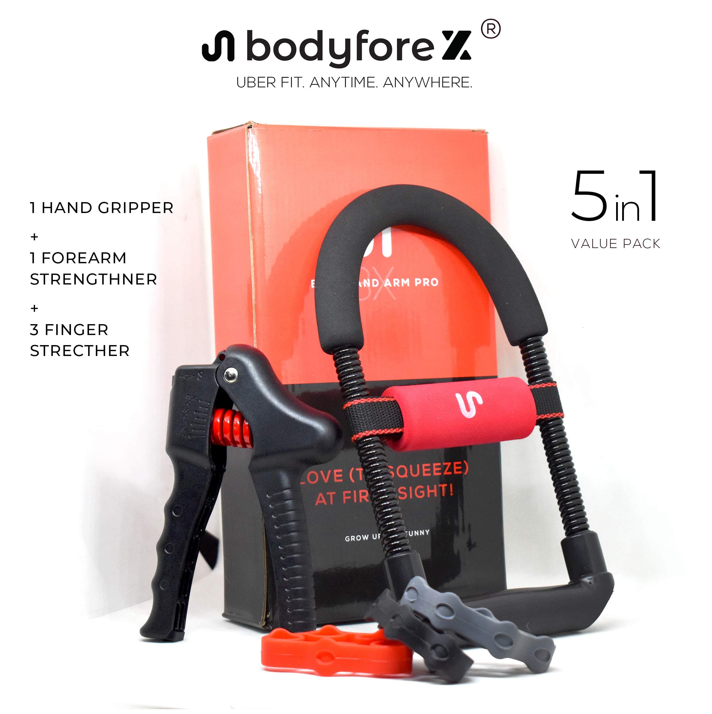 Hand Grip Body Fore-X Pro 5-in-1 Value Pack - Adjustable Ergonomic Forearm Exerciser (Upto 50 KGs), Adjustable Hand Gripper (Upto 70 KGs) , Finger Resistance Bands Stretcher (3-5 KGs) Workout Kit With Bag for Physical Therapy, Home Workout, Exercise - Ideal For Athletes, Sportsmen, Fitness Enthusiasts and Professionals