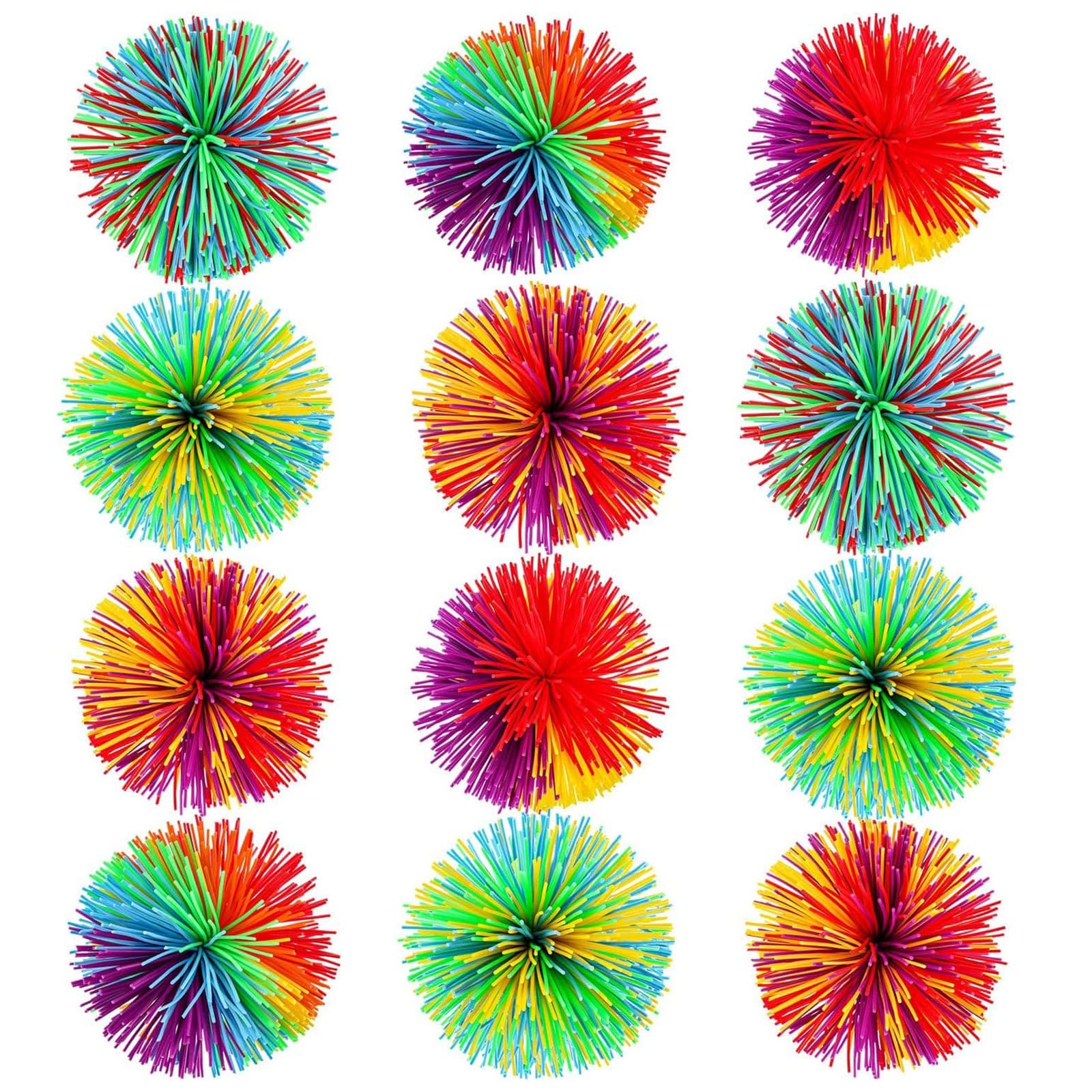 Leinuosen 12 Pieces Stringy Balls Sensory Stringy Ball End of Year Gifts Soft Rainbow Pom Bouncy Stress Bags Basket Stuffers Fillers Party Favors Birthday Gifts, Multicolor (2.75 Inch)