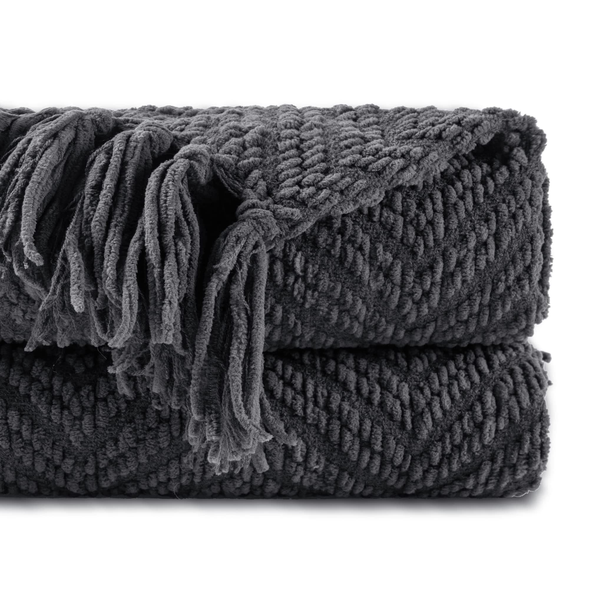 BATTILO HOME Dark Grey Throw Blanket for Couch, Knit Charcoal Throw Blanket Versatile for Chair, 50 x 60 Inch - Super Soft Warm Grey Blanket with Tassels for Bed, Sofa and Living Room