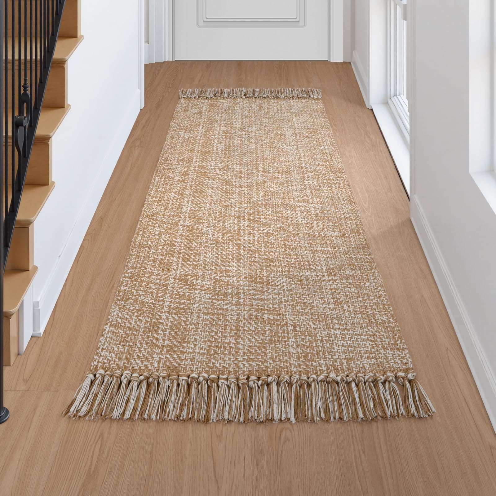 Collive Kitchen Runner Rug, 2' x 4.3' Modern Farmhouse Washable Entryway Door Mat, Tan Bathroom Carpet Hand Woven Reversible Indoor Outddor Rugs for Hallway Foyer Bedroom Decor