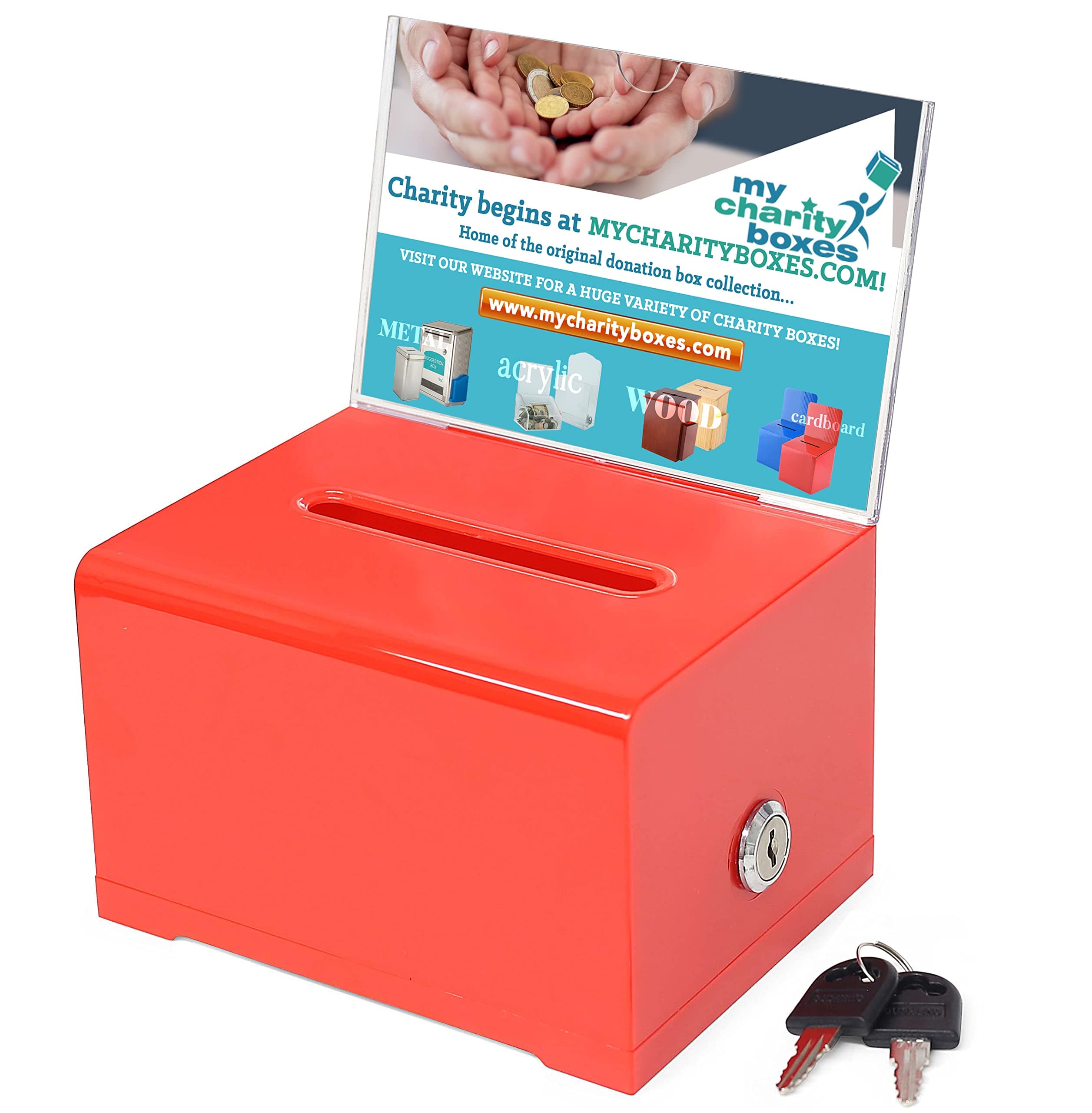 Donation Collection Ballot Box Ticket & Drawing Voting or Comment Box office and fundraising suggestion box 6.25 x 4.75 x 4 inch, Display Sign Holder 4 x 6 inch with Lock and keys (Red)