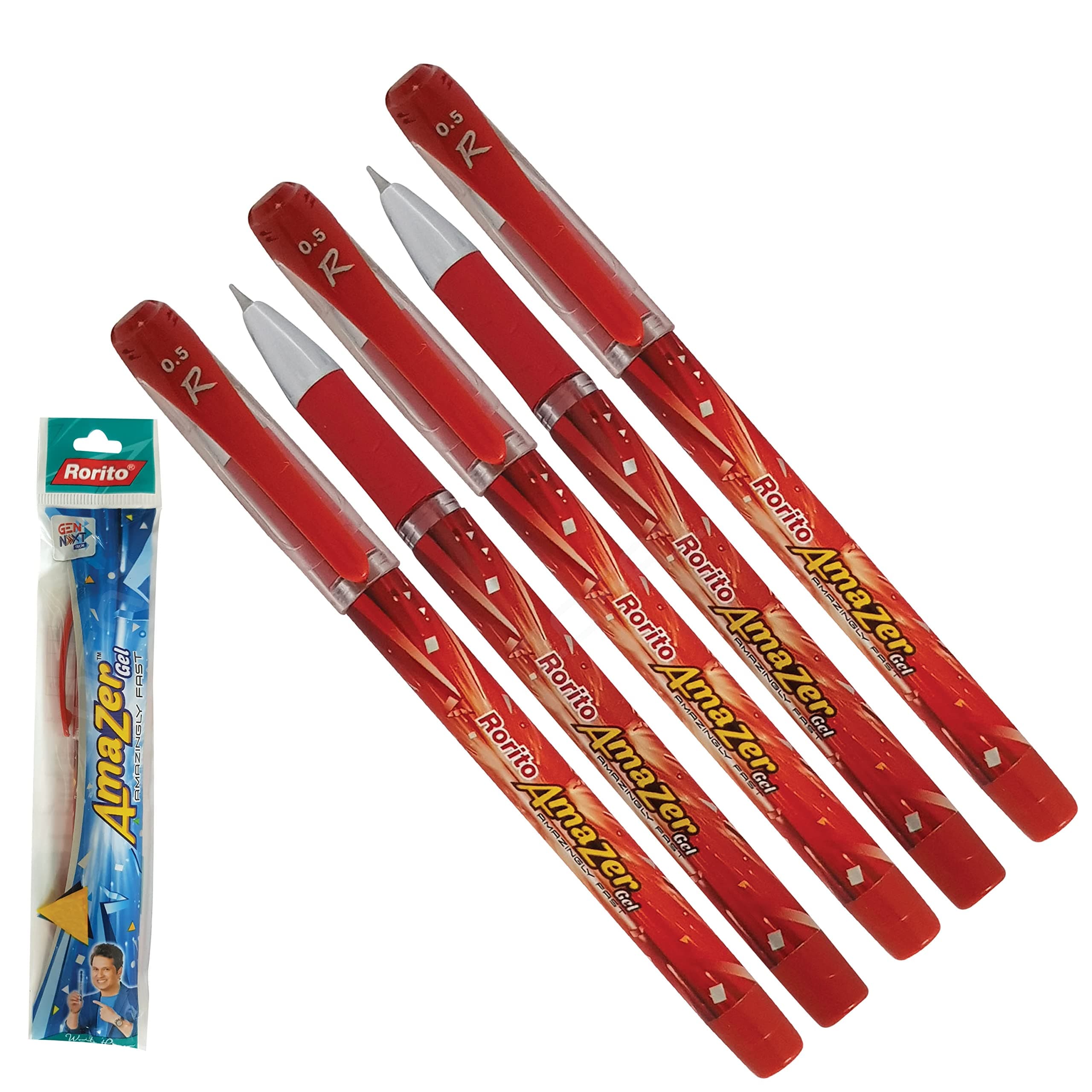 5 x 0.5mm Maxel Tip RORITO Amazer RED Gel Pen Soft Grip Fast Smooth Writing Ink
