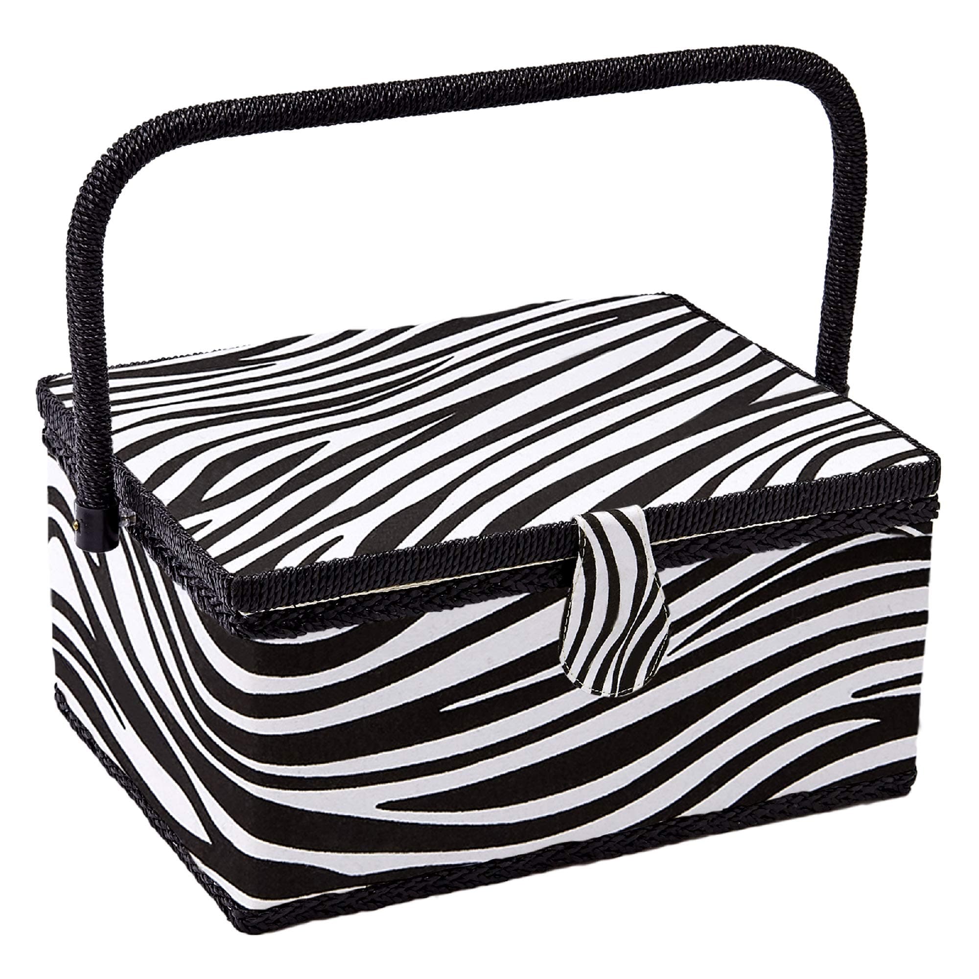 Sewing Basket with Zebra Design - Sewing Kit Storage Box with Removable Tray, Built-in Pin Cushion and Interior Pocket - by Adolfo Design (Medium - 11" x 7" x 5.5", Zebra)