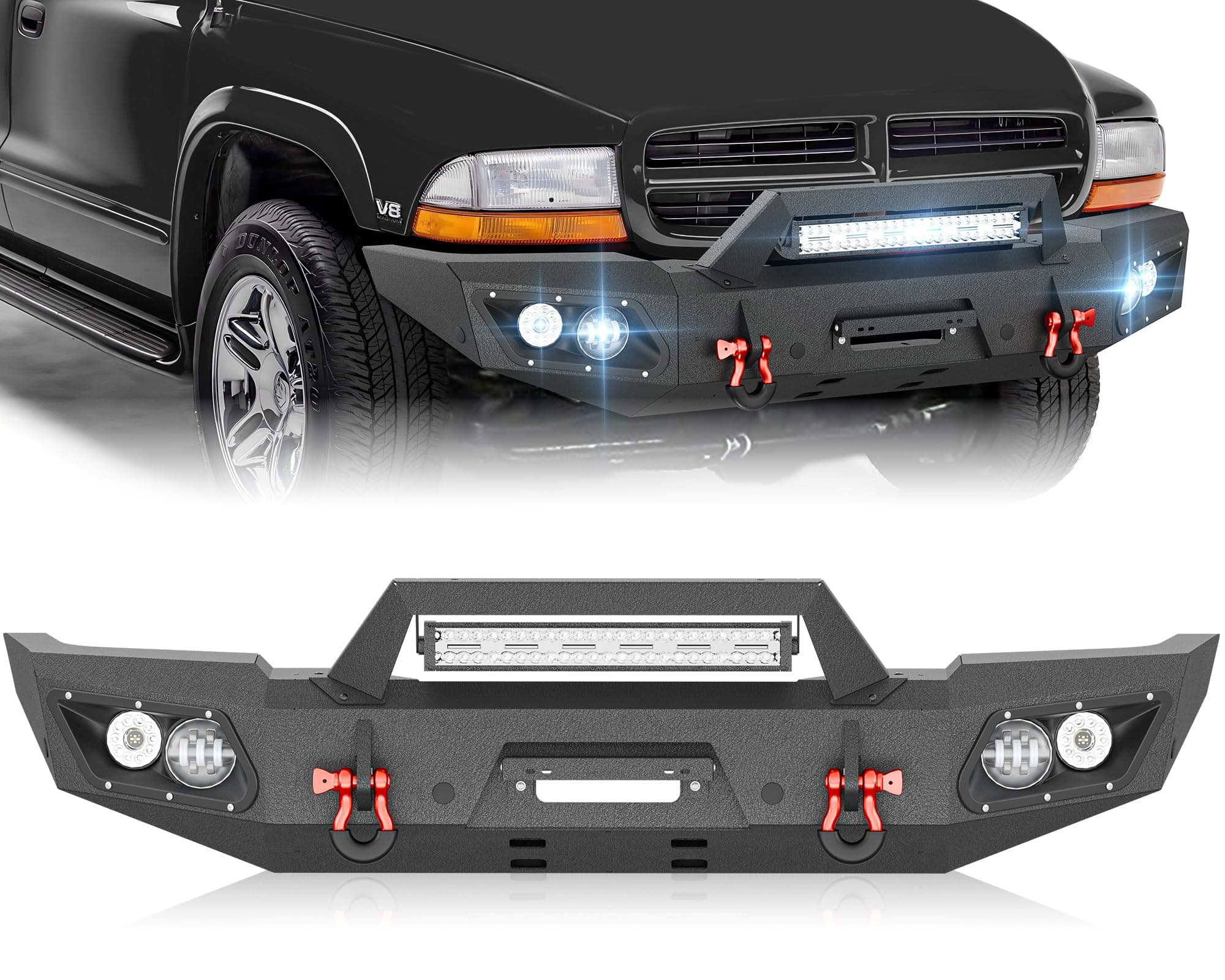 for Dakota & Durango Front Bumper Compatible with 1997 1998 1999 2000 2001 2002 2003 2004 Dodge Dakota & 1998-2003 Durango w/Winch Plate, LED Lights, Sensor Holes, License Plate Frame & D-rings