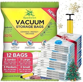Vacuum Storage Bags - Pack of 12 (3 Jumbo + 3 Large + 3 Medium + 3 Small) Reusable with Free Hand Pump for Travel Packing | Best Sealer Bags for Clothes, Duvets, Bedding, Pillows, Blankets, Curtains