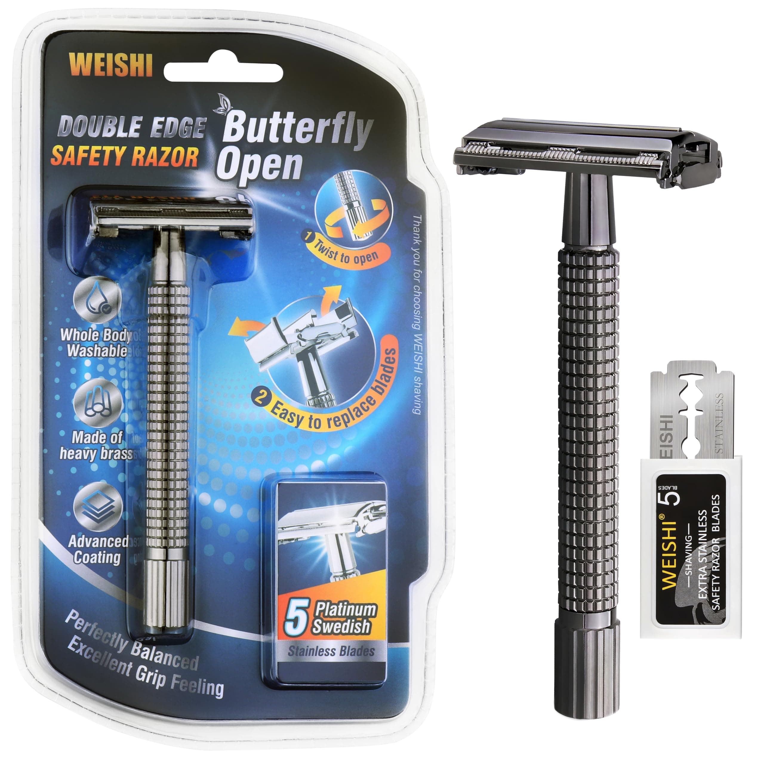 WEISHI Nostalgic Long Handle Butterfly Open Double Edge Safety Razor