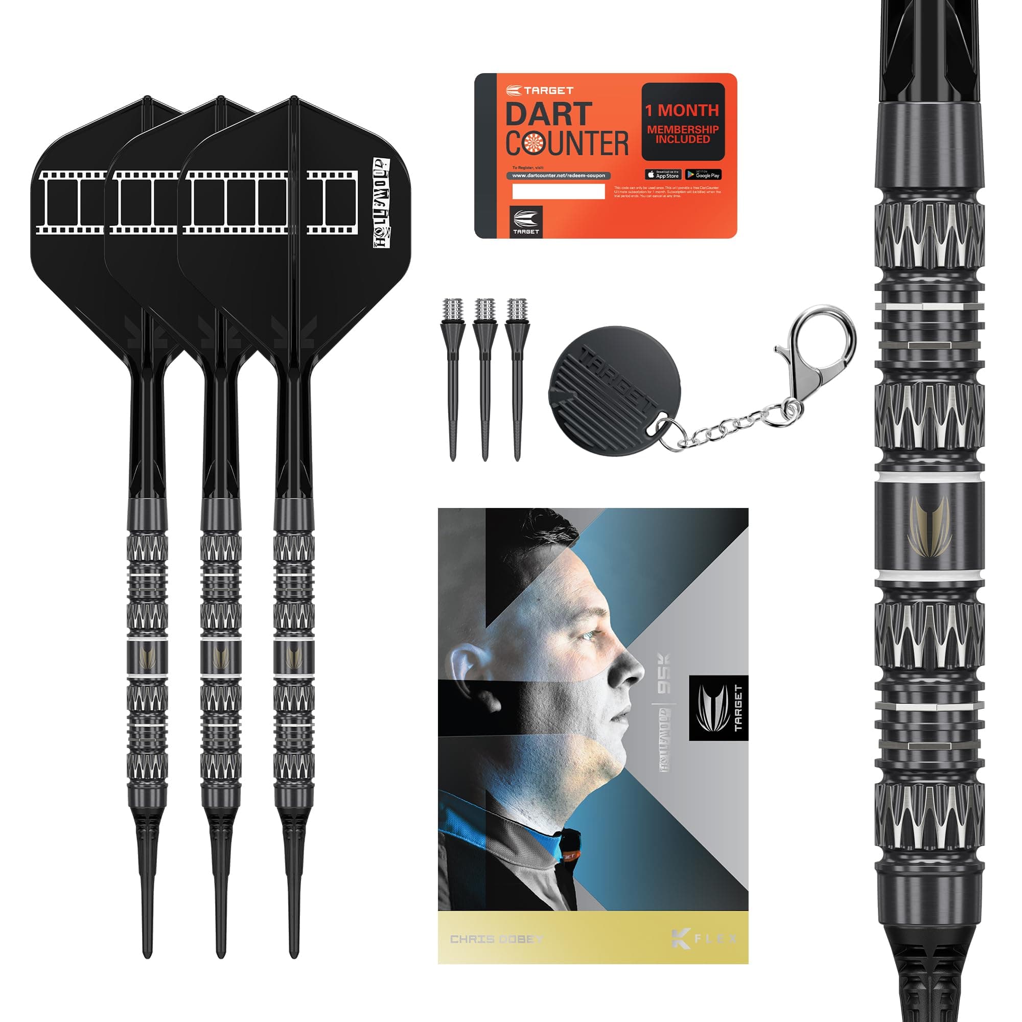 Target Darts Chris Dobey Soft Tip 95K Dart Set, 18G | 95% Tungsten Darts, K-Flex No.2 Flights & Shafts, Black Cryo Tips & Swiss Titanium Conversion Steel Points | Player Edition Professional Dart Sets