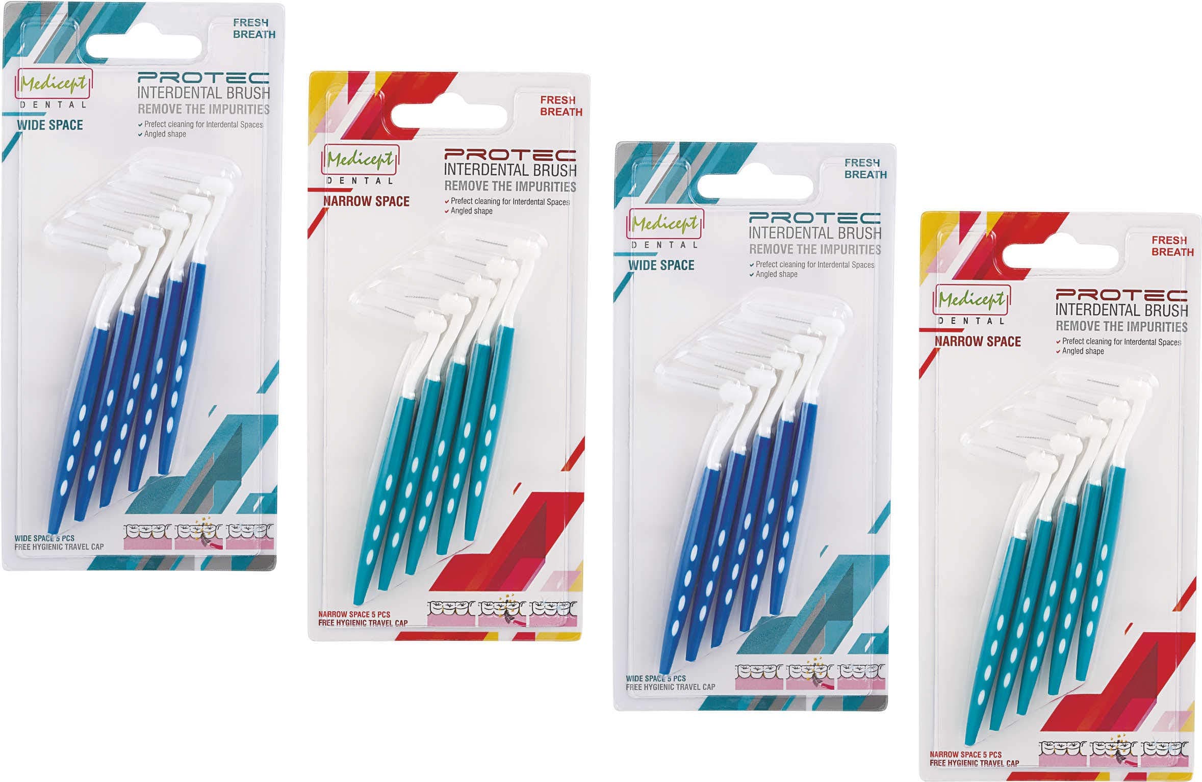 Protec Angled Interdental Brush Narrow And Wide Space Assorted (2 X Blue And 2 X Green)- Pack Of 4, Manual, Adult
