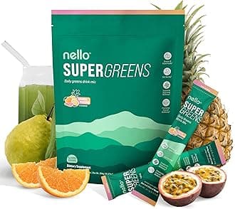 Nello Supergreens Premium Superfood Greens Drink Mix w/Chlorella, Moringa, Spinach & Broccoli + Digestive Enzymes & Probiotic Blend -Nutrient-Packed Powder Wellness (Orange 20 SRV, Travel Pack)