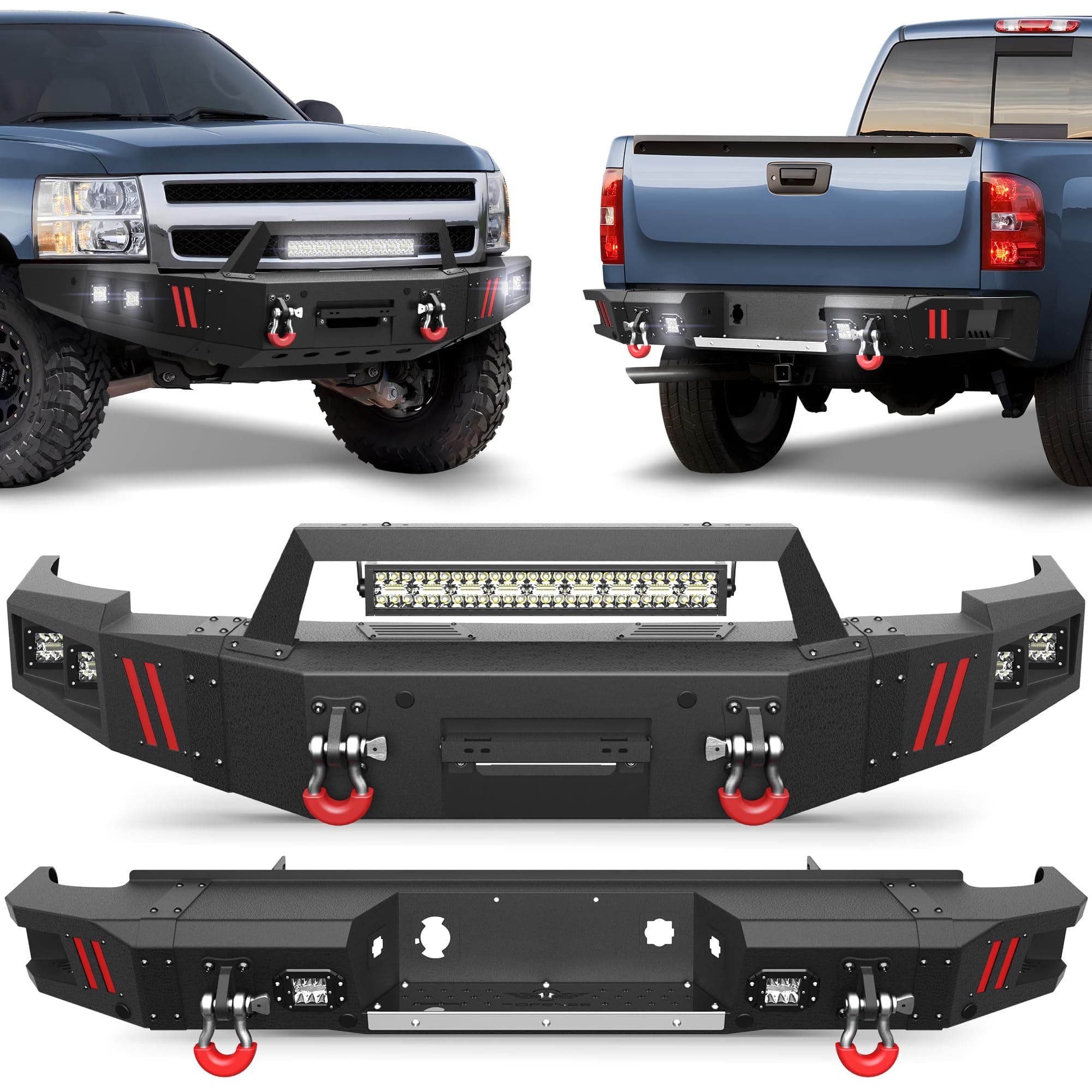 Chevy Silverado 1500 Front and Rear Bumper Kit for 2007-2013 Chevy Silverado 1500 Pickup, Include Winch Plate, LED Lights and D-rings