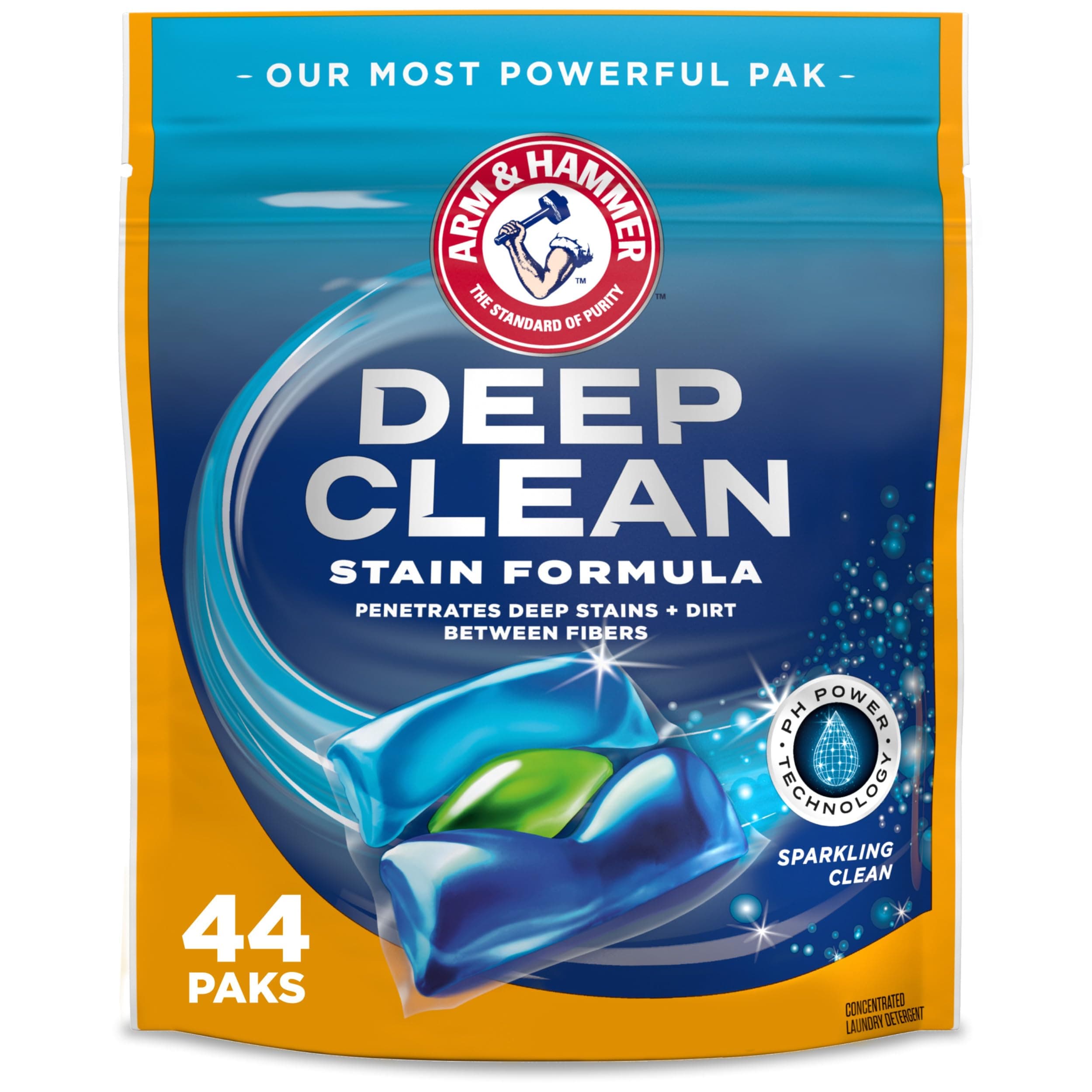 ARM & HAMMER™ Deep Clean Stain Formula Laundry Detergent Power Paks, Laundry Stain Remover, Sparkling Clean Scent, 44 Count, 44 Loads