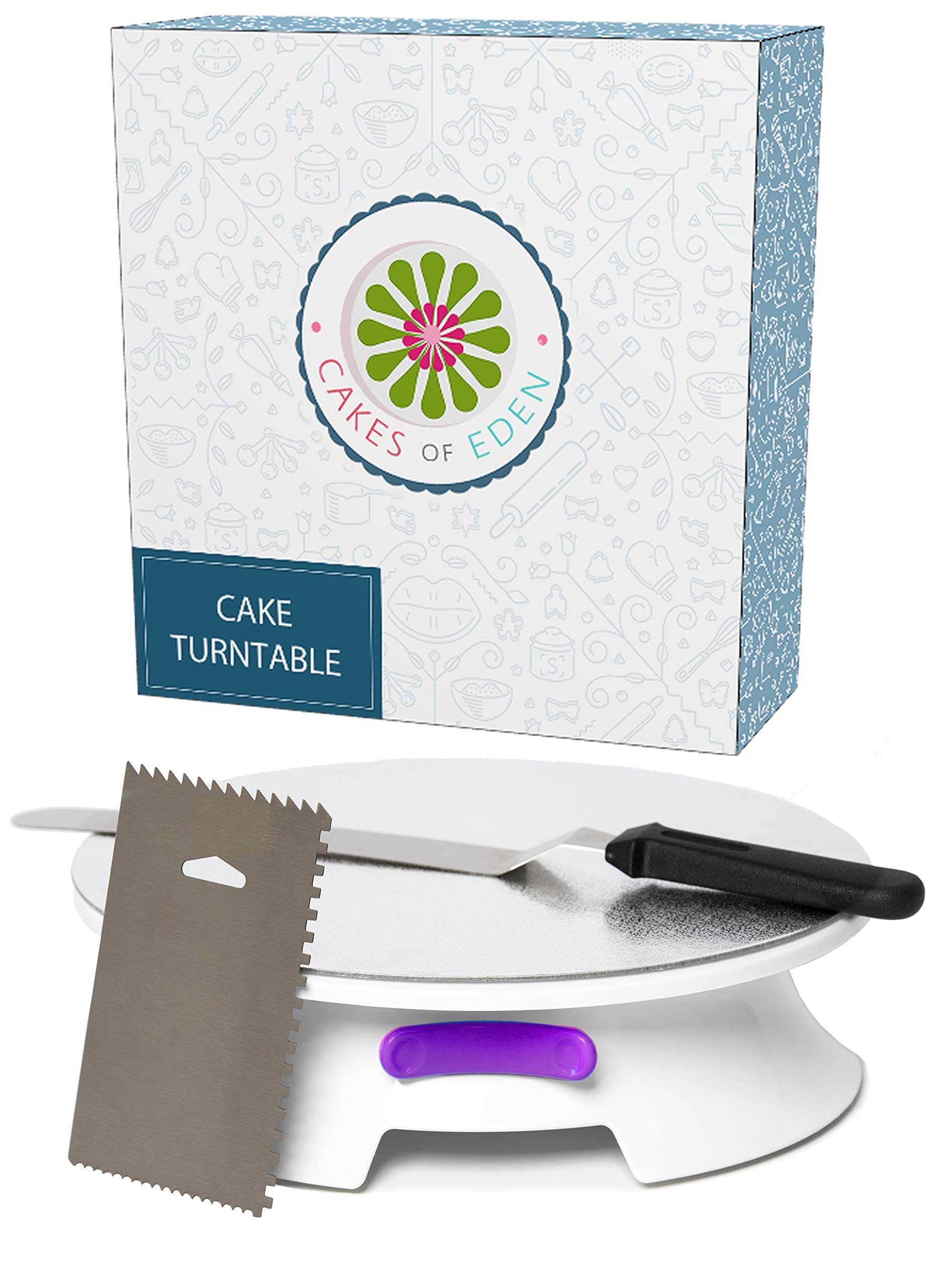 ForeverSmooth 12 Inch Cake Turntable - Quietest Rotating Stand and Decorating Supplies Kit Complete w/ Offset Spatula, 4 Side Icing Bench Scraper, Lifter Board a Perfect Frosting Baking Set (Purple)