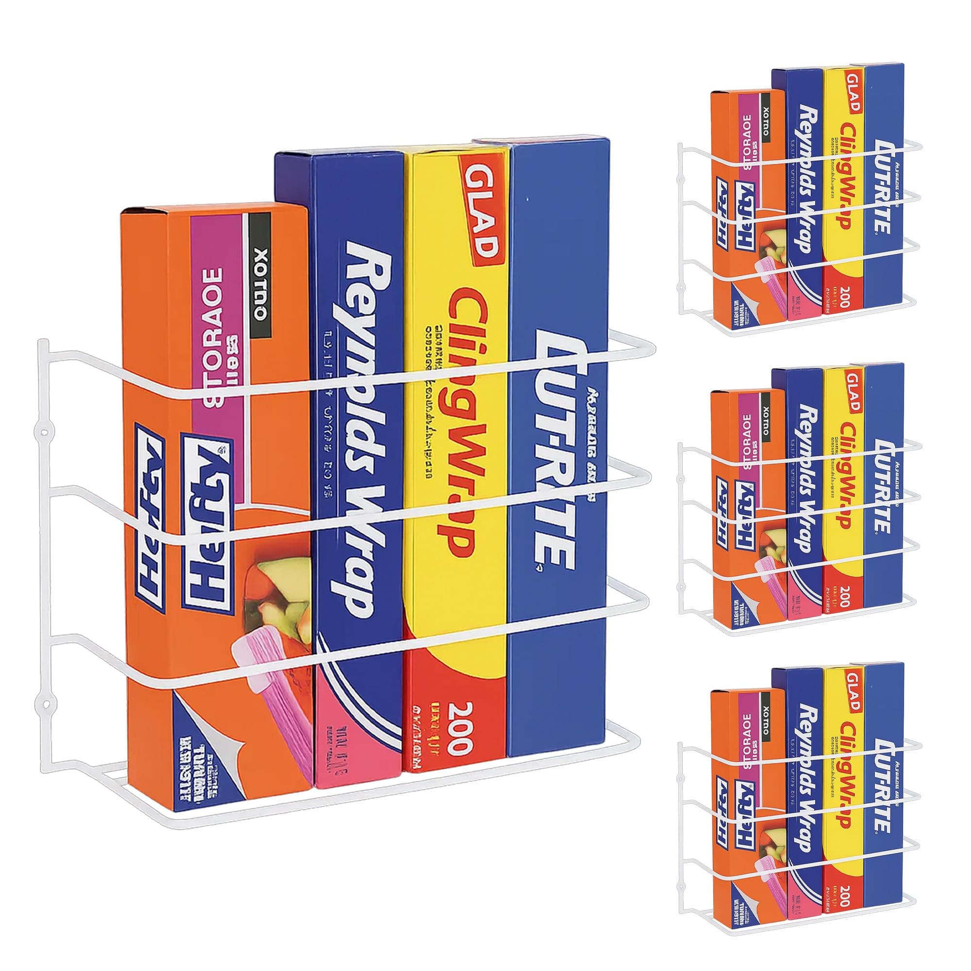 Evelots 4 Pack Plastic and Foil Wrap Organizer on Cabinet Door or Pantry Wall Rack - Sandwich, Freezer, Food Bag Storage Organizer - Bathroom Laundry Supplies, Kitchen Organization and Storage