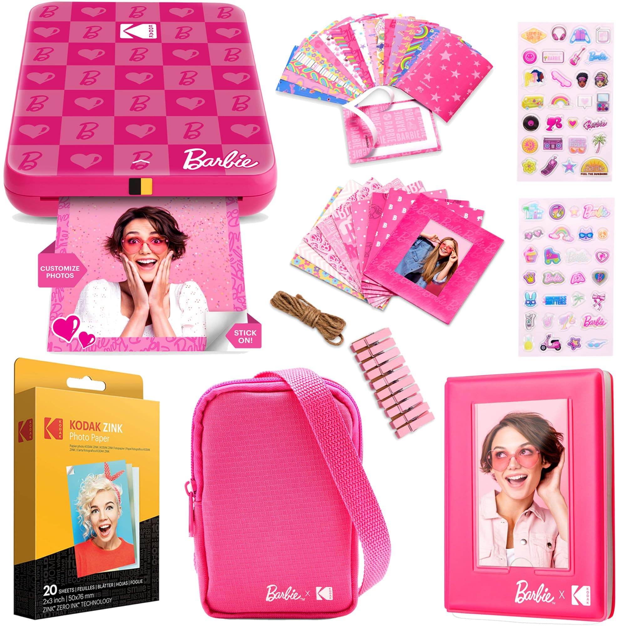 x Barbie Step Slim Wireless Instant Portable Photo Mobile Printer Gift Bundle (Iconic Style)+ Barbie Camera Case, Photo Album, Sticker & Hanging Frames, 50 Stickers + Zink Paper (20 Sheets)