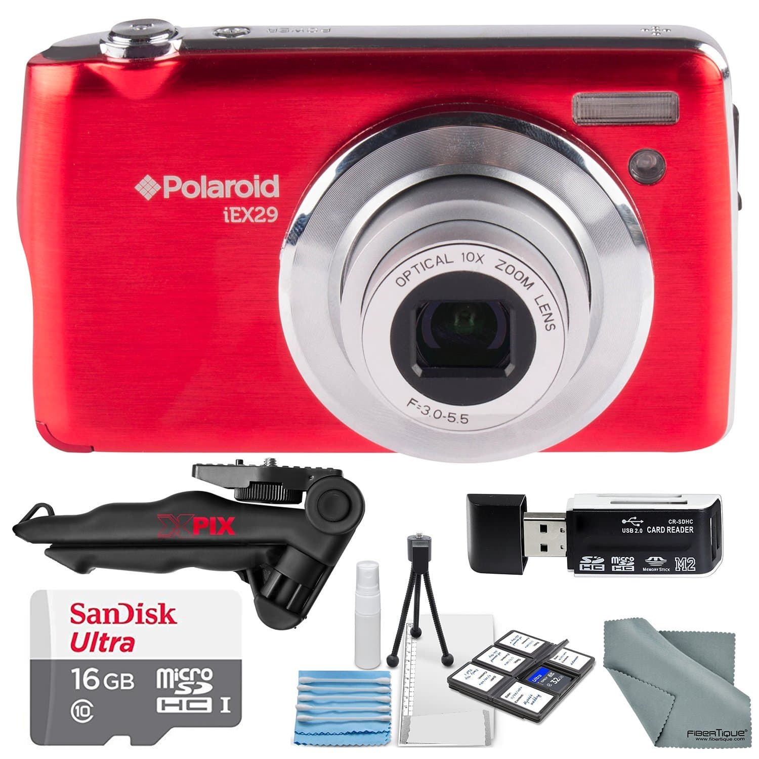 Polaroid iEX29 18MP 10x Digital Camera (Red) and Accessory Bundle W/ 16GB + Card Reader + Case + Xpix Tripod + Fiberitque Cleaning Cloth + Deluxe Starters Kit