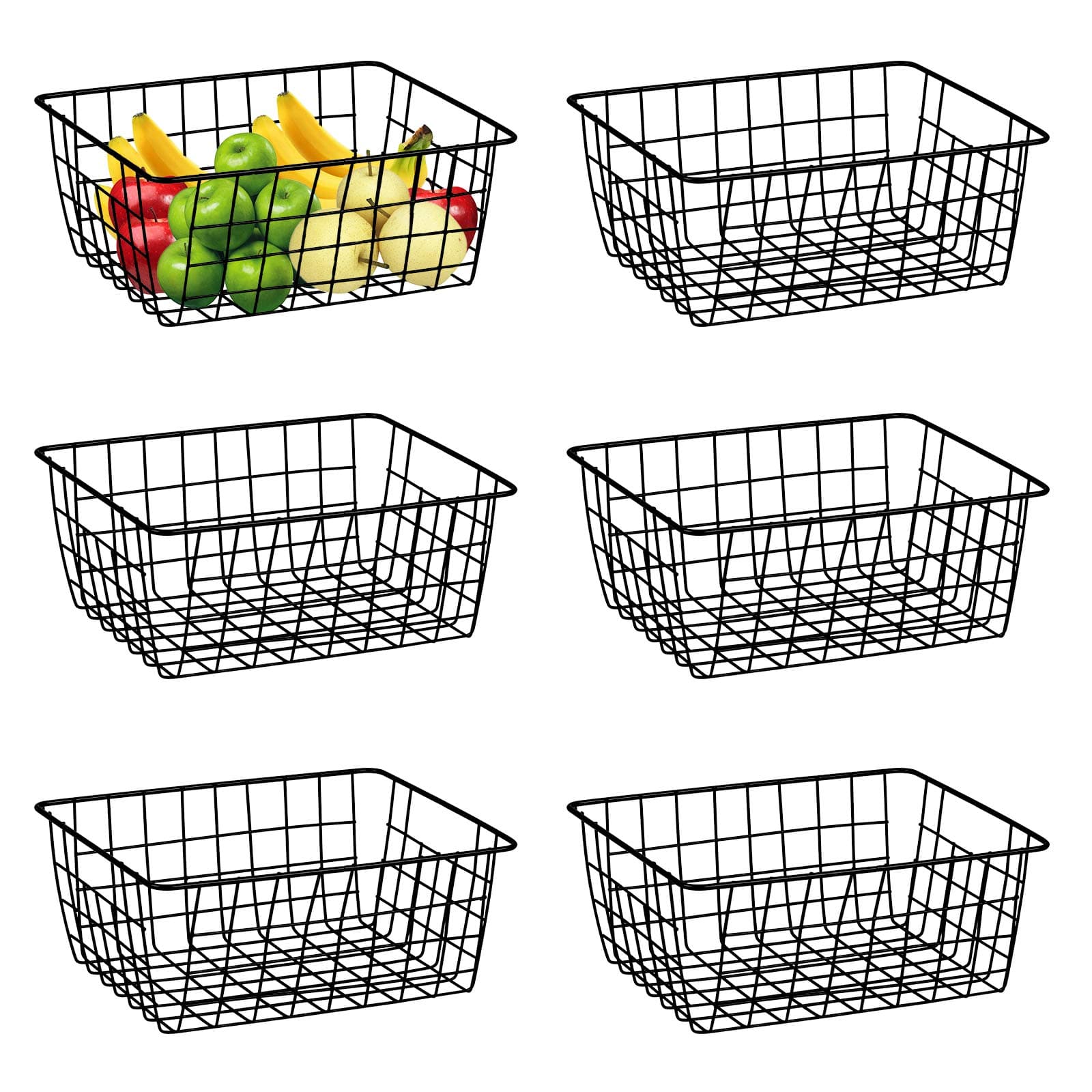6 Pack Wire Basket, Dveda Black 10.9" x 8.7" x 4.7" Metal Storage Basket, Food Organizer Bins with Handle for Kitchen, Pantry, Bathroom, Shelf Organizing