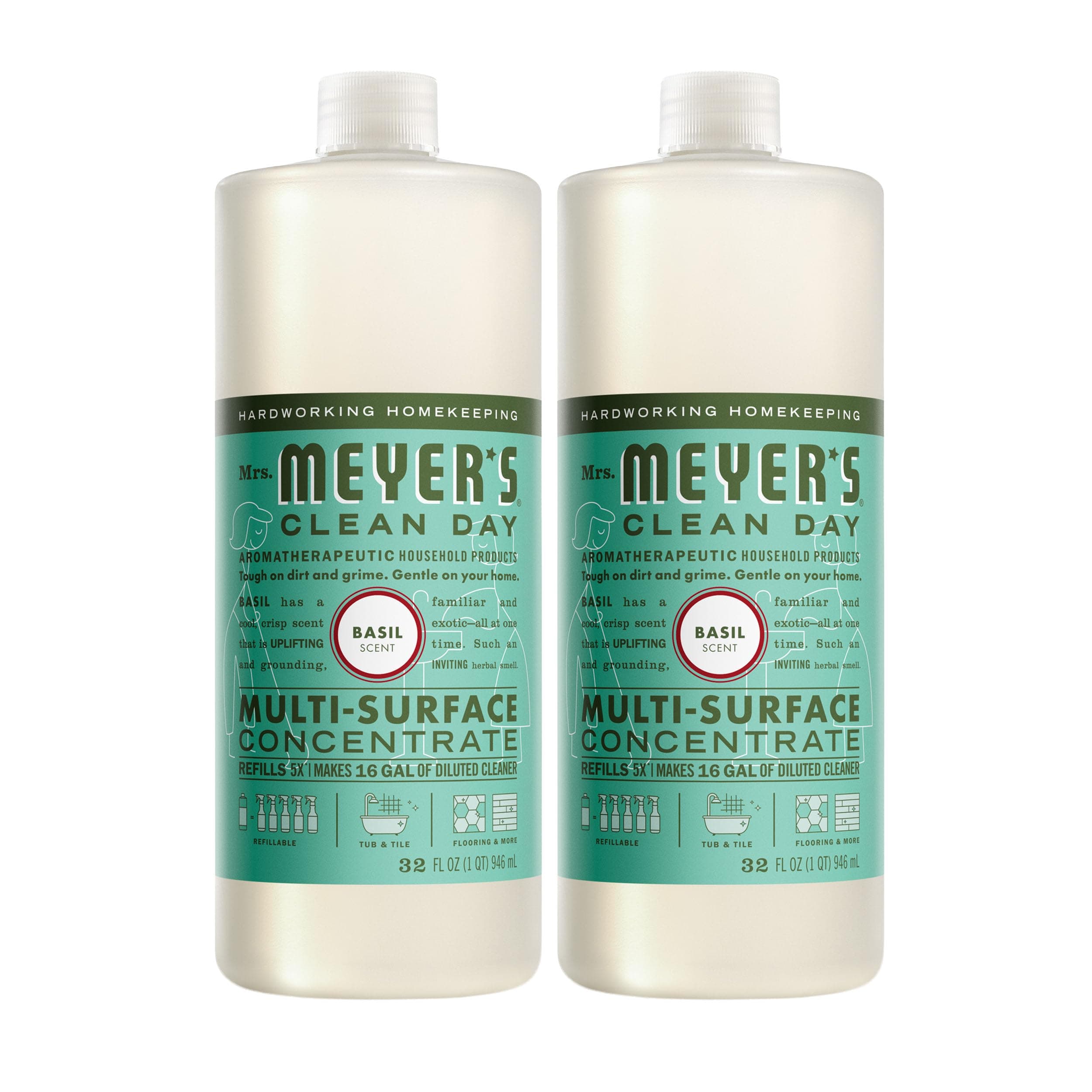 MRS. MEYER'S CLEAN DAY Multi-Surface Everyday Concentrate, Basil Scent, 32 Fl Oz Bottle - 2 Pack