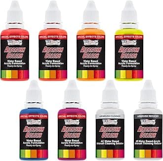 U.S. Art Supply 6 Color Fluorescent Acrylic Neon Colors Airbrush, Leather & Shoe Paint Set with Reducer & Cleaner 1 oz. Bottles